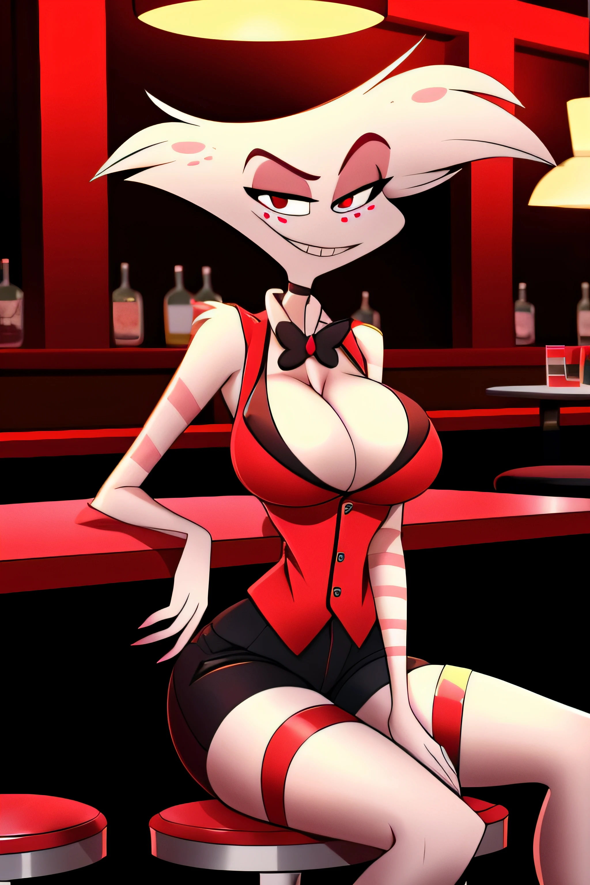 Angel Dust Hazbin Hotel, big breasts, wide hips, wearing vest, wearing black shorts, cleavage, highly detailed, hi res, high resolution, cleavage, at bar, red theme, looking at viewer, sitting down