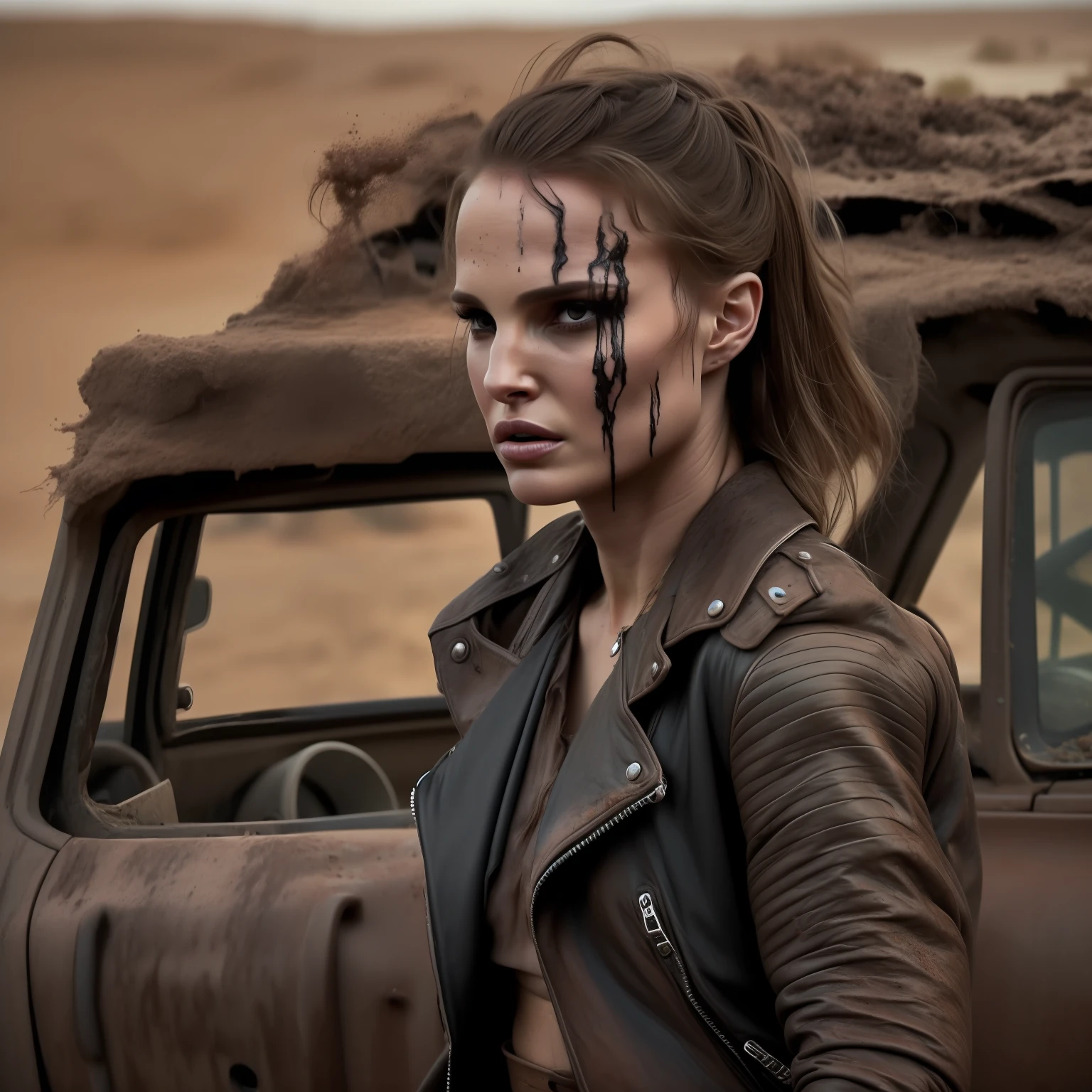 Natalie Portman mad max style. Muddy. dirty. sexy. goth makeup. Ragged leather jacket. hidden eroticism. strong but slim body, detailed face. Angry. Driving a car, sand, wasteland, desert.