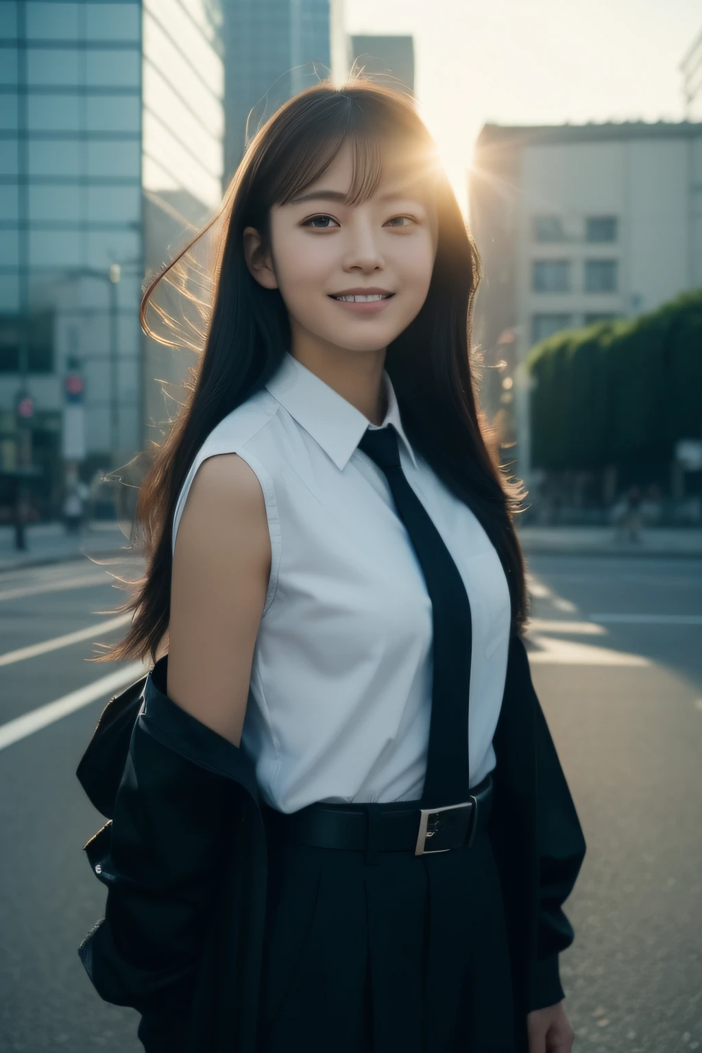 (masterpiece,top-quality,超A high resolution),A Japanese Lady,in her 20s、Smile at the sun!、Burn Tomorrow!、Big City Tokyo Shinjuku Ward、(Young cool female detective、run、perspiring)、Black hair swaying、black eyes、Beautiful skin、Perfect and beautiful limbs、Perfect and accurate aesthetic anatomy、Maximum female beauty、Shichikuma Police Station Investigation Section、Dawn sprint、youthfulness、Suspense movie about the Japan police and criminals、