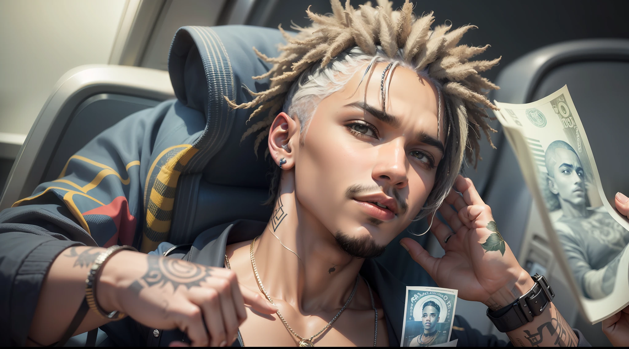 There's a man lying on a plane with money on his lap, ostentando sua riqueza, xxxtentacion, taken in the early 2020s, obra de arte, com gotejamento IV, No estilo de Tyler Mitchell, grande obra-prima, Coelho ruim, relaxing after a hard day, Estabelecimento, Jovem bandido, tomada em 2 0 2 0