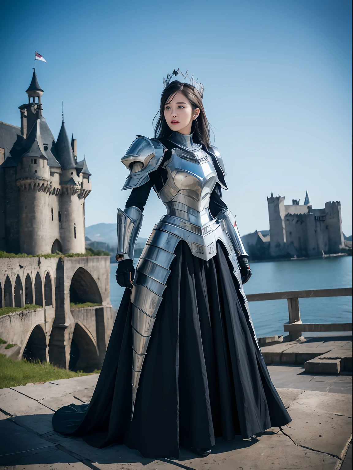 Masterpiece, best quality, high resolution, 8K, Portrait, realistic photo,（ Combining clothes with Korean fashion designs），Digital photography, full body, 1 16 year old girl, (cyborg), beautiful blue gray gradient long hair, blue eyes, intricate, elegant, Highly detailed, Evil Crown, Black dress, ,silver metal exoskeleton armor, Intricate knight's hollow armor,power armor, cutout design, Mechanical structure, photo pose, solemn,, red lips, .Metallic texture, oc rendering，Reflective texture, ((Clothing cutting)), ((With castles and giant moster in the background))