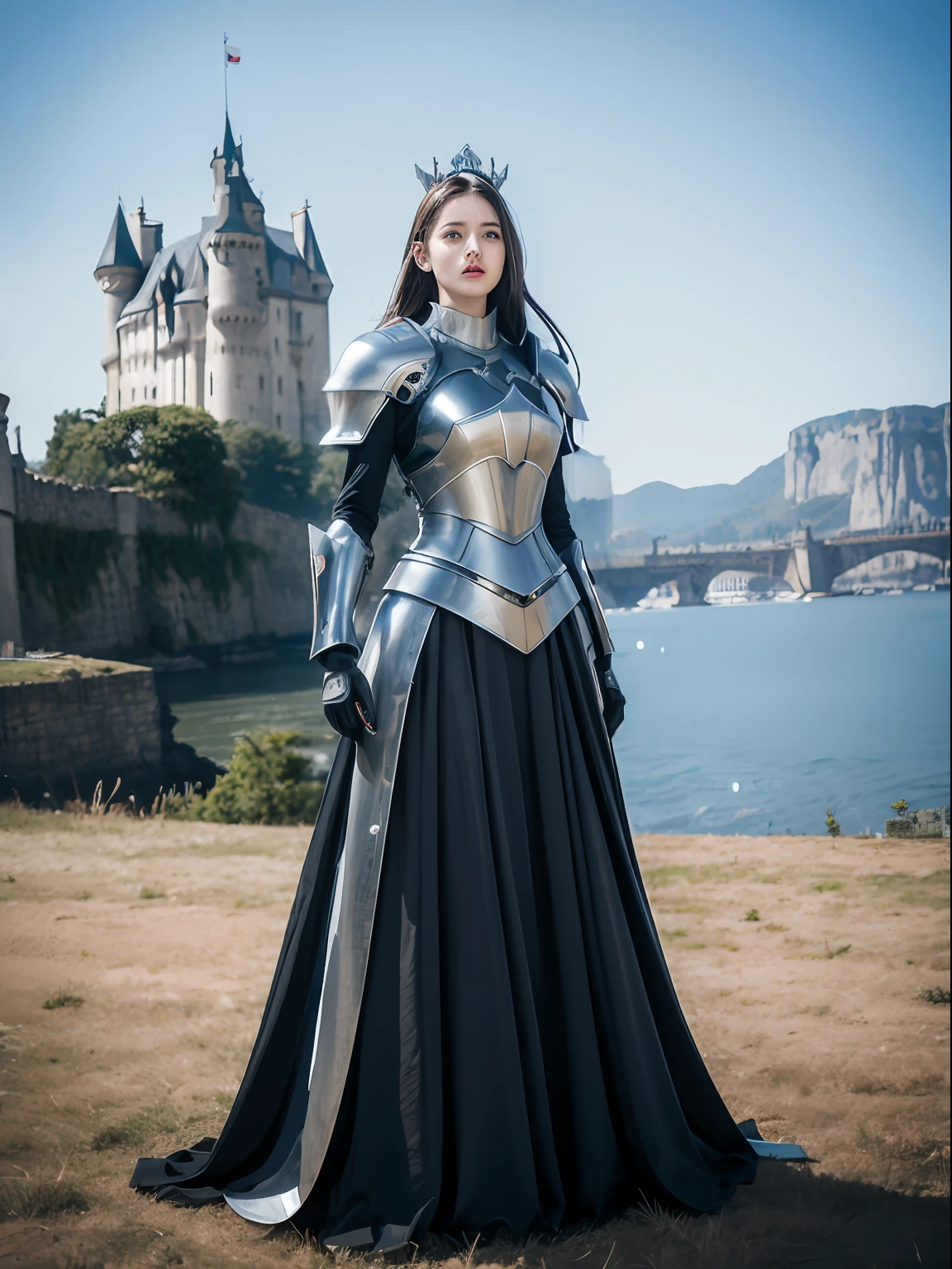 Masterpiece, best quality, high resolution, 8K, Portrait, realistic photo,( Combining clothes with Korean fashion designs),Digital photography, full body, 1 16 year old girl, (cyborg), beautiful blue gray gradient long hair, blue eyes, intricate, elegant, Highly detailed, Evil Crown, Black dress, ,silver metal exoskeleton armor, Intricate knight's hollow armor,power armor, cutout design, Mechanical structure, photo pose, solemn,, red lips, .Metallic texture, oc rendering,Reflective texture, ((Clothing cutting)), ((With castles and giant moster in the background))