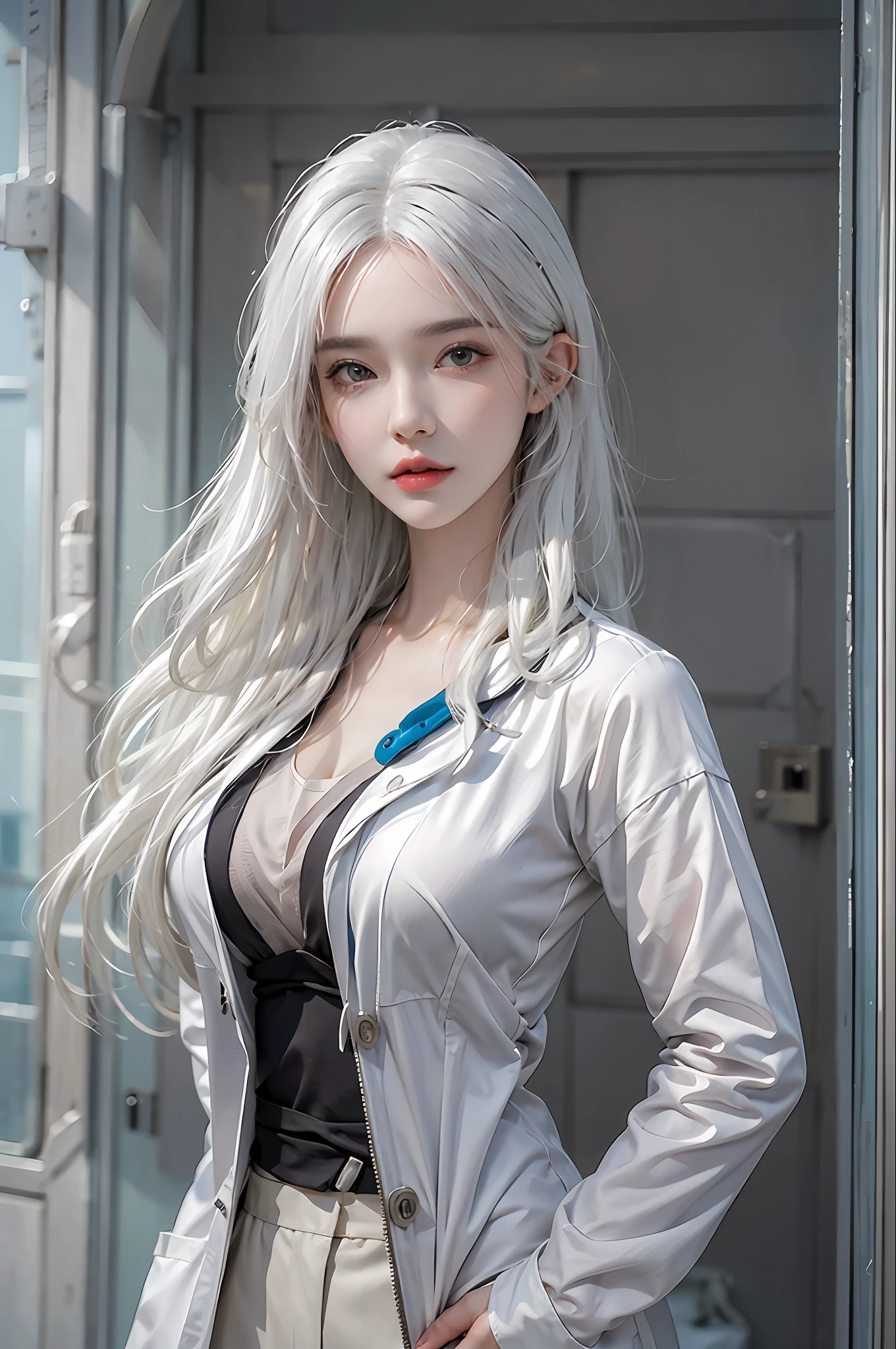 photorealistic, high resolution, 1 women, solo, hips up, look at viewer, (detailed face), white hair, Long Hai, doctor outfit