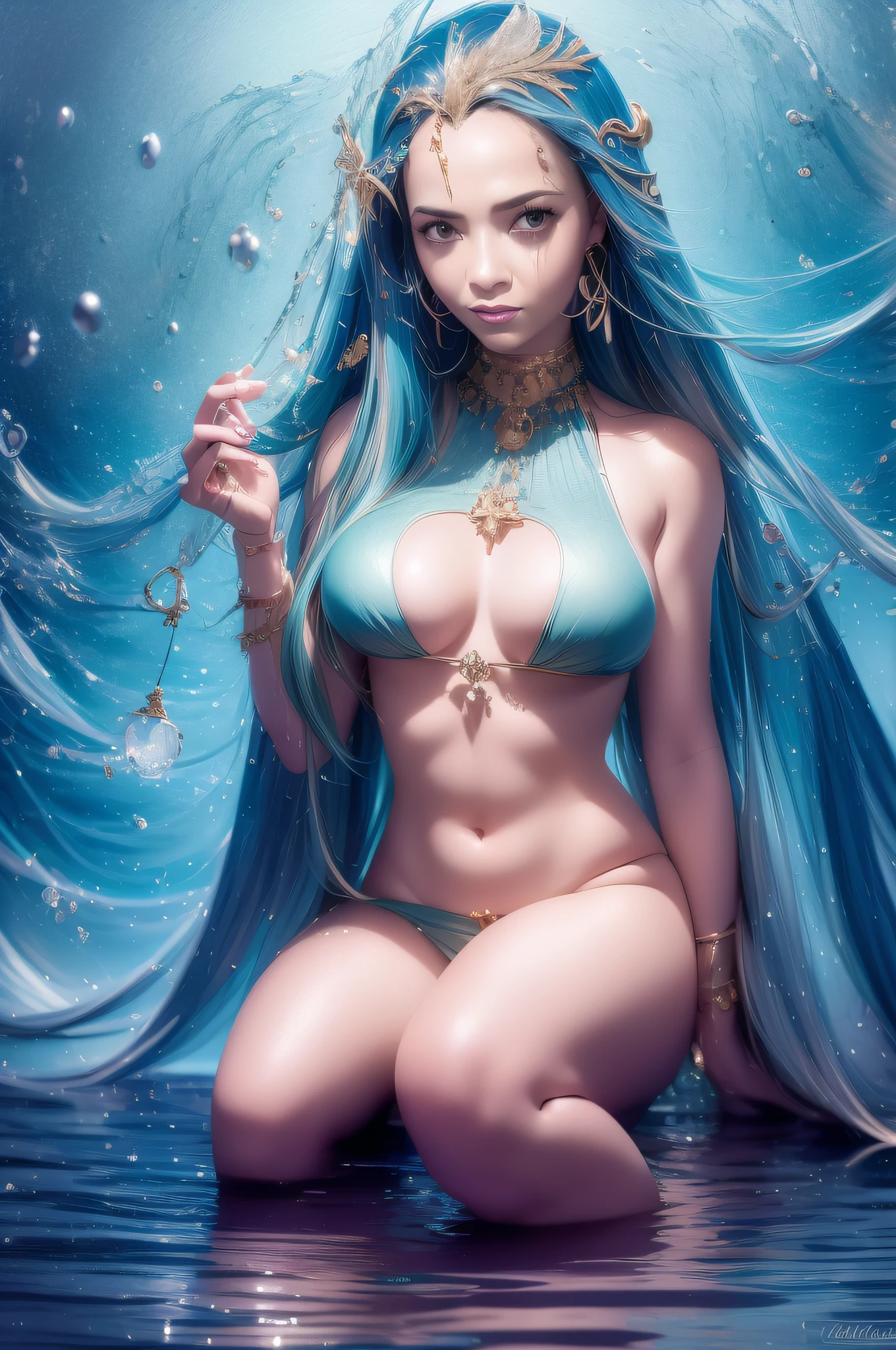 Painting of a woman sitting in a clay jar in her hand, closeup fantasy with water magic, Water is made of stardust, blue water wallpaper, water everwhere fantasy, Water woman, water element, 32k, swirling water cosmos, water art photoshop, Directed by: David LaChapelle, AQUARIUS, foto extravagante, melhor qualidade