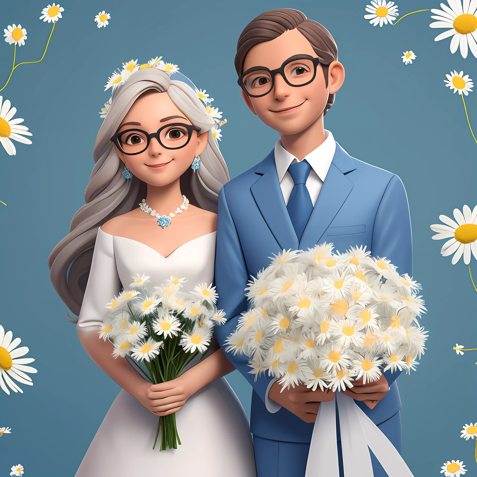 1 adesivo, hand account, (adesivo, 1 menino e 1 menina, vestido de noiva, bouquet, greeble), Cabelo castanho, cabelos castanho claro, stand, aquarela, fundo branco, fundo simples, minimum, bonito, tiny, cor pastel, estilo vetorial, sem gradiente, Casamento, pose de casal, Corpo inteiro, ((um casal)), (um homem e 1 mulher), ((Jovens)), (Terno azul royal, vestido de noiva), Felizes, alegria, felicidade, Glasses boy, (cabelos castanho claro) bouquet, ((Bouquet of white daisies)), salute, jardim