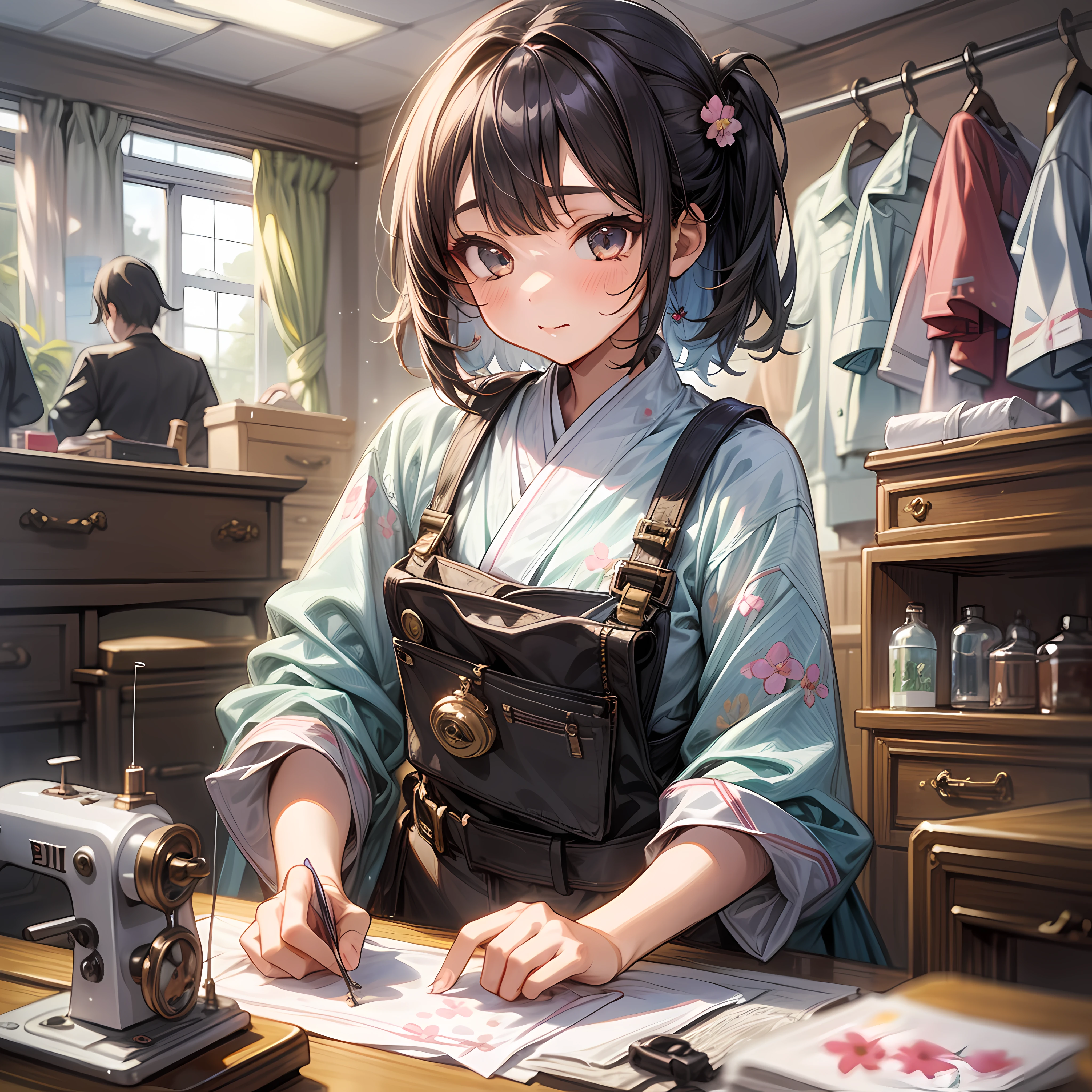 1 girl, Messy,Background, Cute, In a room,Niji style ,flower, Bibo Zi Eye,sewing machine,The clothes ar,croped,wardrobe,Tailor,clothing design