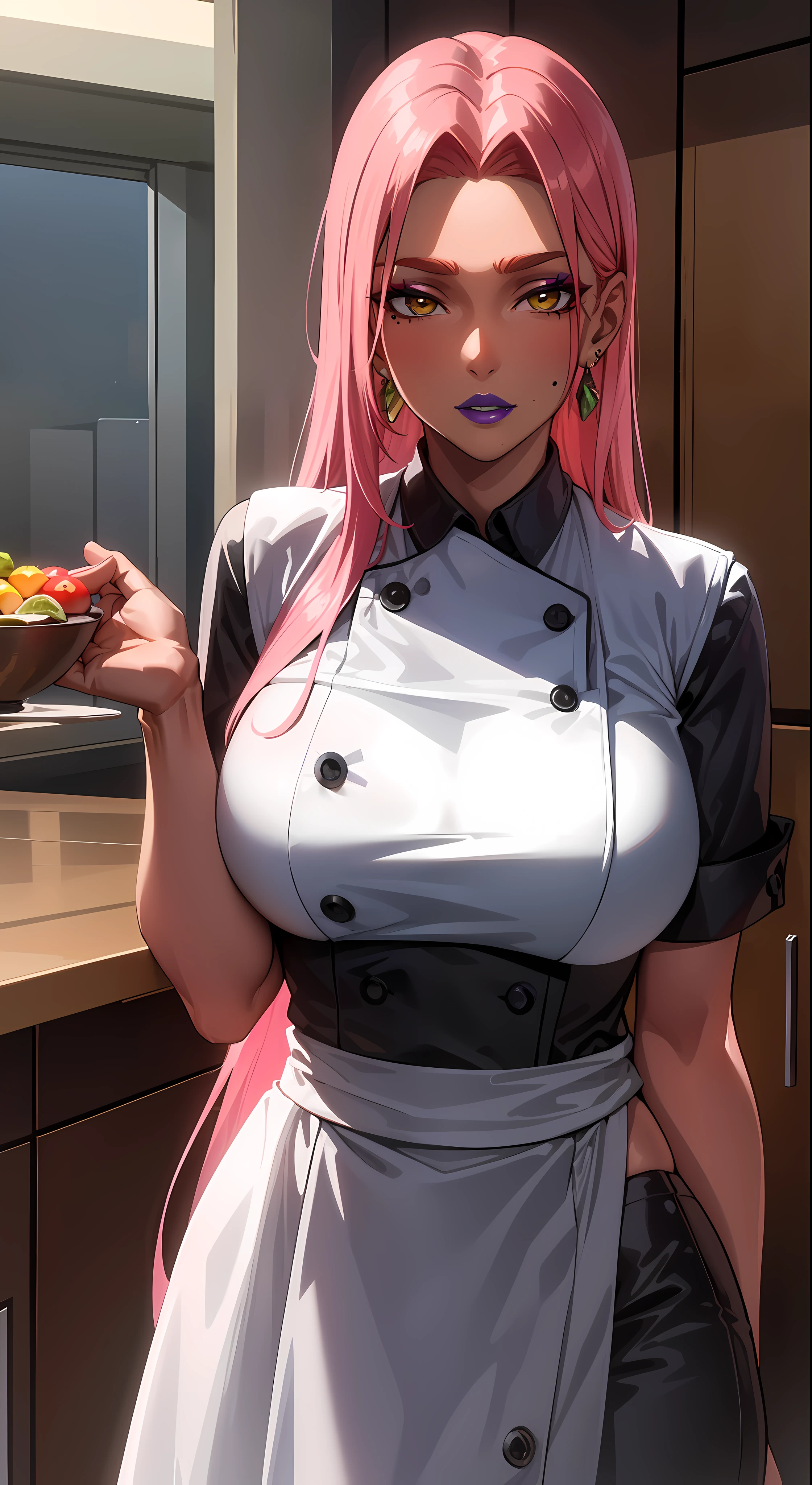 (masterpiece, highres, best quality:1.3), 8K, highly detailed, intricate, colorful, vibrant image, sharp focus, digital blending, 4K, trending on pixiv Ingrid, ((chef outfit, full clothes)), solo, mature female, 40yo, milf, curvy, (dark skinned female:1.15), dark skin, posing, kitchen, cooking, (caring look:1.2), looking at viewer, cowboy shot, pink hair, very long hair, forehead, hair intakes, purple lipstick, makeup, mole under mouth, yellow eyes, perfect eyes, perfect face, ultra detailed hair, ultra detailed face, earrings, ultra detailed lips, large breasts, ultra detailed lipstick, formal chef, vegetables, fruits,