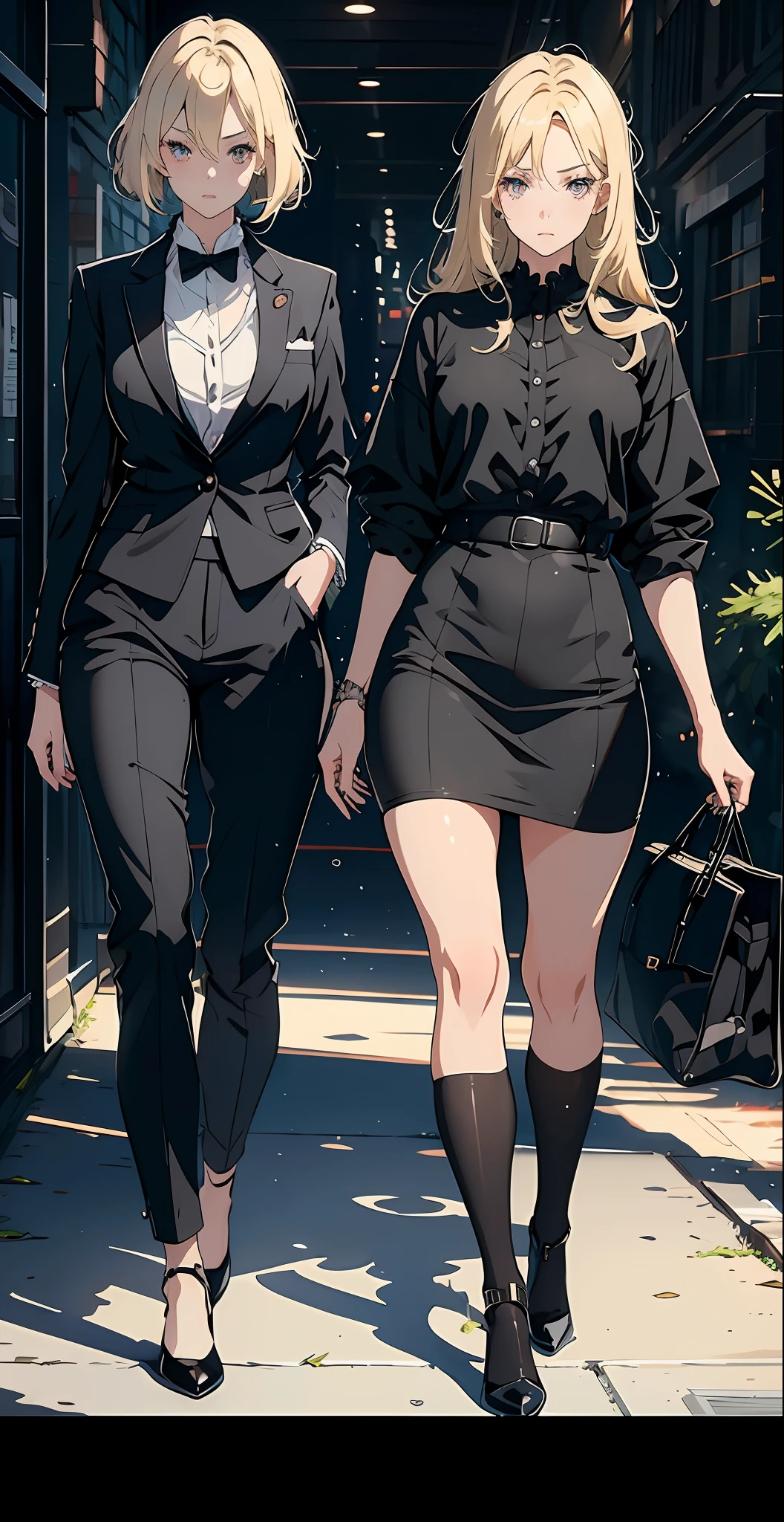 1girl, solo anime 2.5D - style image of a woman in a black short skirt and business suit, a hyperrealistic woman, digital anime illustration, office clothes, office lady, seductive anime girl, digital anime art, hyperrealistic details, detailed digital anime art, realistic texture, blonde twin tail. 4 k, mature woman, any digital art on pixiv (detailed CG), ((extremely high detail)) detailed eyes, crossed-retina eyes