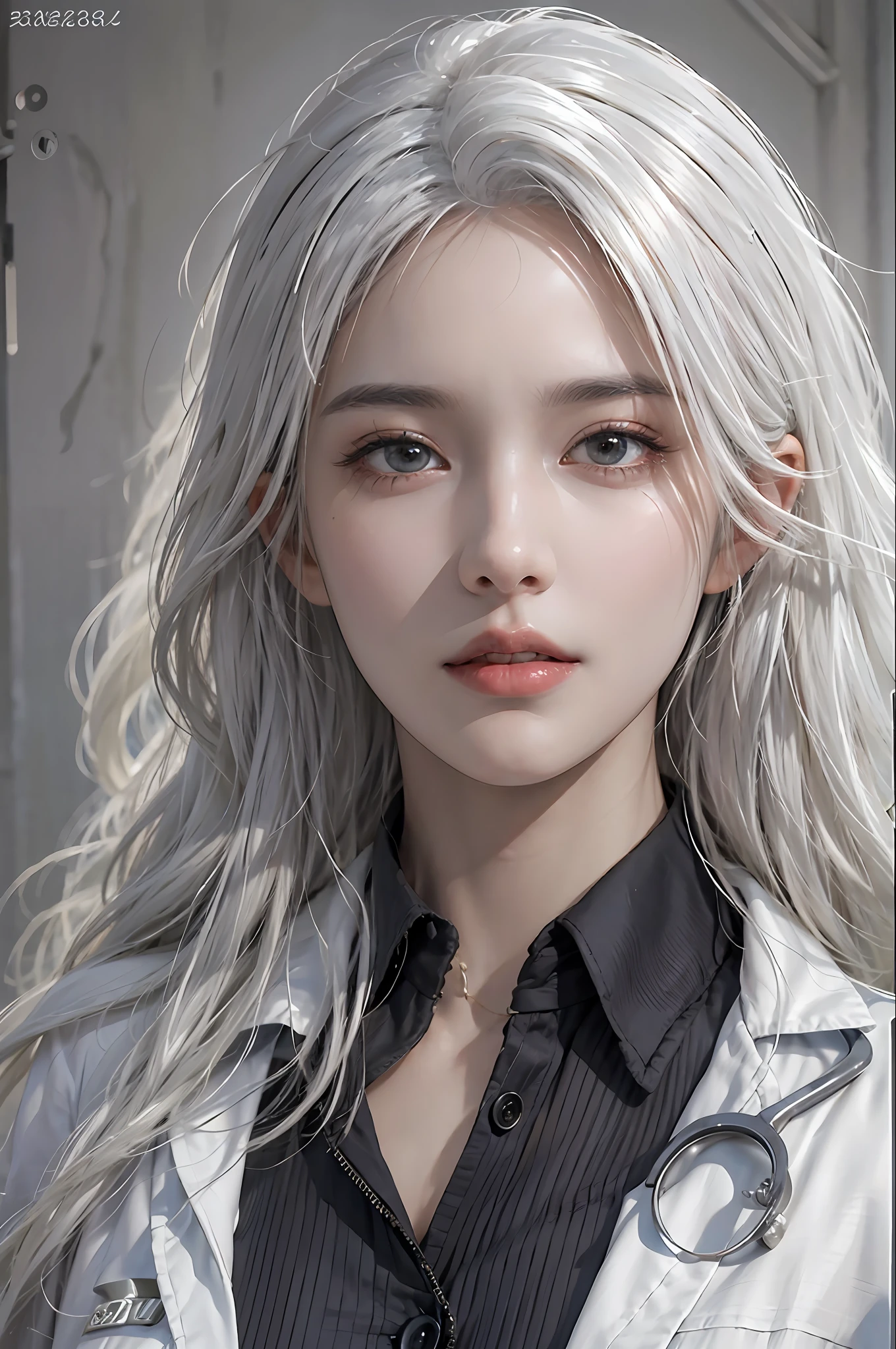 photorealistic, high resolution, 1 women, solo, hips up, look at viewer, (detailed face), white hair, Long Hair, doctor outfit