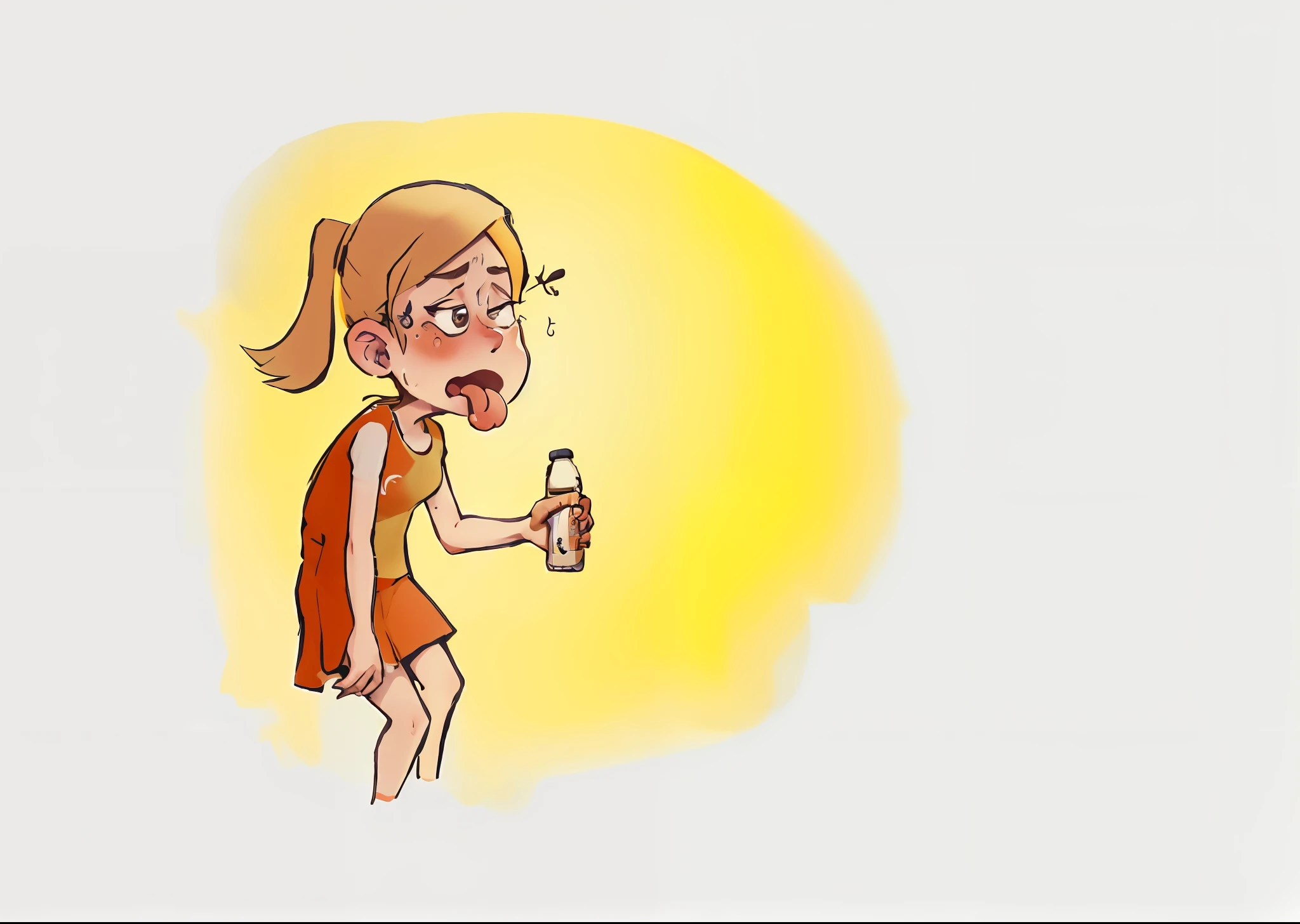 Cartoon of a woman with a beer bottle in her hand, anime girl drinks energy drink, calor sufocante, garota, sweating, suando intensamente, Sufocante, calor escaldante, Clima quente, acid leaking from mouth, cartoon illustration, suando profusamente, muita sede, borrifo, tempo escaldante, potrait de corpo inteiro segurando garrafa, raparigas, beber xarope para tosse