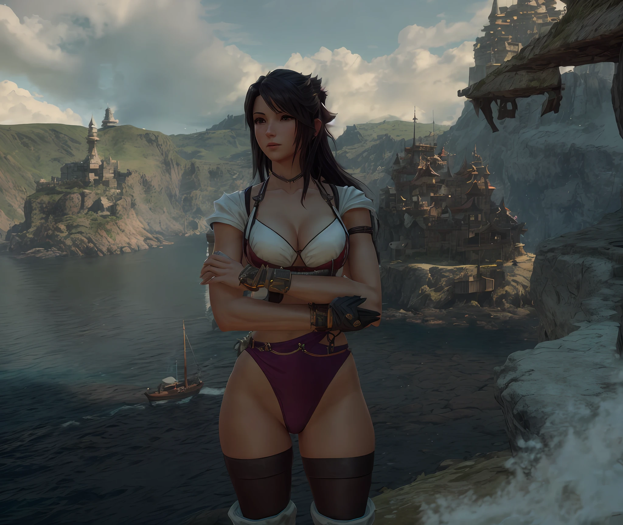 there is a woman in a bikini standing on a cliff, final fantasy 14 style, 4 k detail fantasy, 4 k ], 4k], fantasy style 8 k octane render, in front of a fantasy city, (octane render) fantasy style, fantasy outfit, tifa lockhart, tifa, 4 k highly detailed, 4k highly detailed, black hair