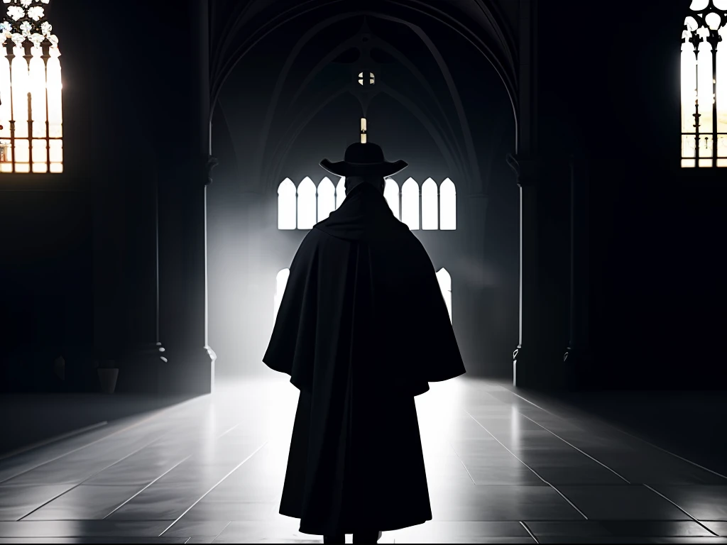 A  plague doctor in an medieval cathedral,   occult, dark theme, volumetric light, natural light, eyes hidden, dark lighting, gloomy