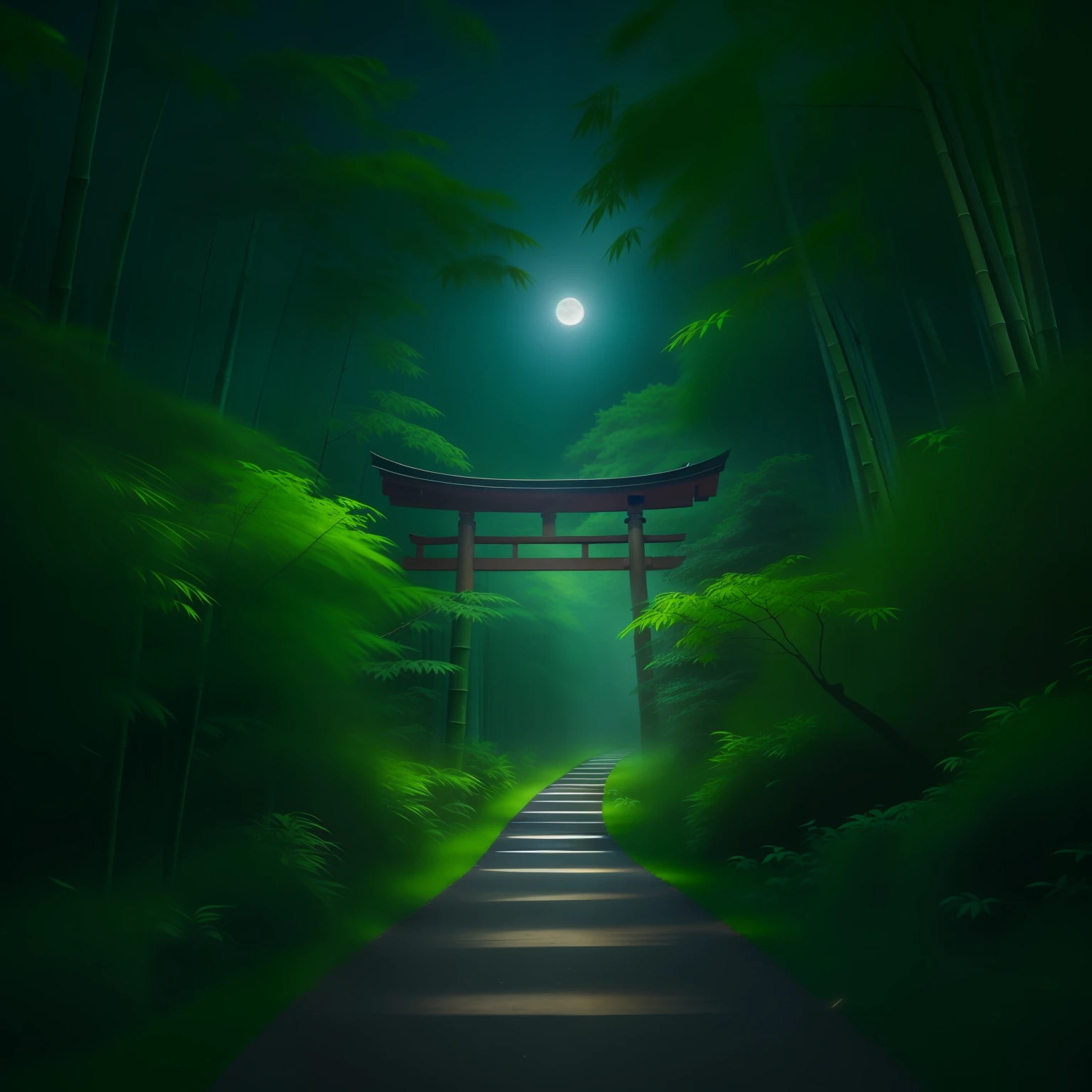 NIGHT; arafed walkway in a bamboo forest with a gate at night, a detailed matte painting by Arthur Pan at night, shutterstock, renaissance, deep in a moonlit forest at night, misty moonlit forest at night, forest at night, forest night, of bamboo, in a forest at night, walking in a moonlit forest at night, japan lush forest at night, japan nature, marc adamus, kyoto inspired, arafed walkway in a forest with a gate at night, deep in a moonlit forest at night, misty moonlit forest at night, forest, bamboo, by Arthur Pan, of bamboo, in a forest at night, walking in a moonlit forest at night, japan lush forest at night, japan nature, marc adamus, kyoto inspired, japan. volumetric moonlight at night, zen temple background at night