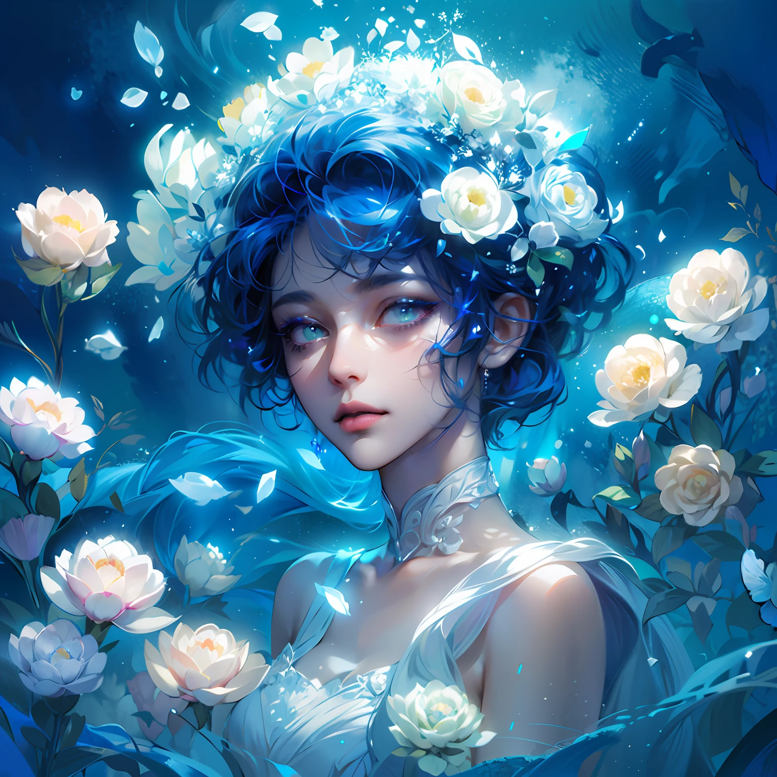 (Masterpiece:1.2), best quality, (night sky, wery long blue hair:1.2),(illustration:1.2), beautiful scenery, scared,(Masterfully crafted Glow, lens flare), (ultra-detailed), hyper details, (delicate detailed), (intricate details), (cinematic light, best quality Backlights), clear line, new world, viewer, solo female, perfect body, (1female), (Bright bioluminescent hair hair, bright glowing eyes), (Dynamic:1.3), ((makeup)), high contrast, (best illumination, an extremely delicate and beautiful), ((cinematic moonlight)), colourful, ((Photoshop Pastel Painting:1.1)), ethereal, (Cinematic masterpiece),suspense, splashes of colour, absolutely eye-catching, ((caustic)), dynamic angle ,beautiful (detailed glow), (eerie),(Intricate Detailed Cinematic Scenery Behind:1.2),ambient occlusion, (ambient moonlight), ray-traced reflections, intricately detailed visible background, night snow storm, stars, very long curly white hair, ice queen, white and light blue gothic royal dress with embroidery, long embroidered stockings, crystals and pearls, big halo shaped crown, ice crystals around, snow storm, mature woman