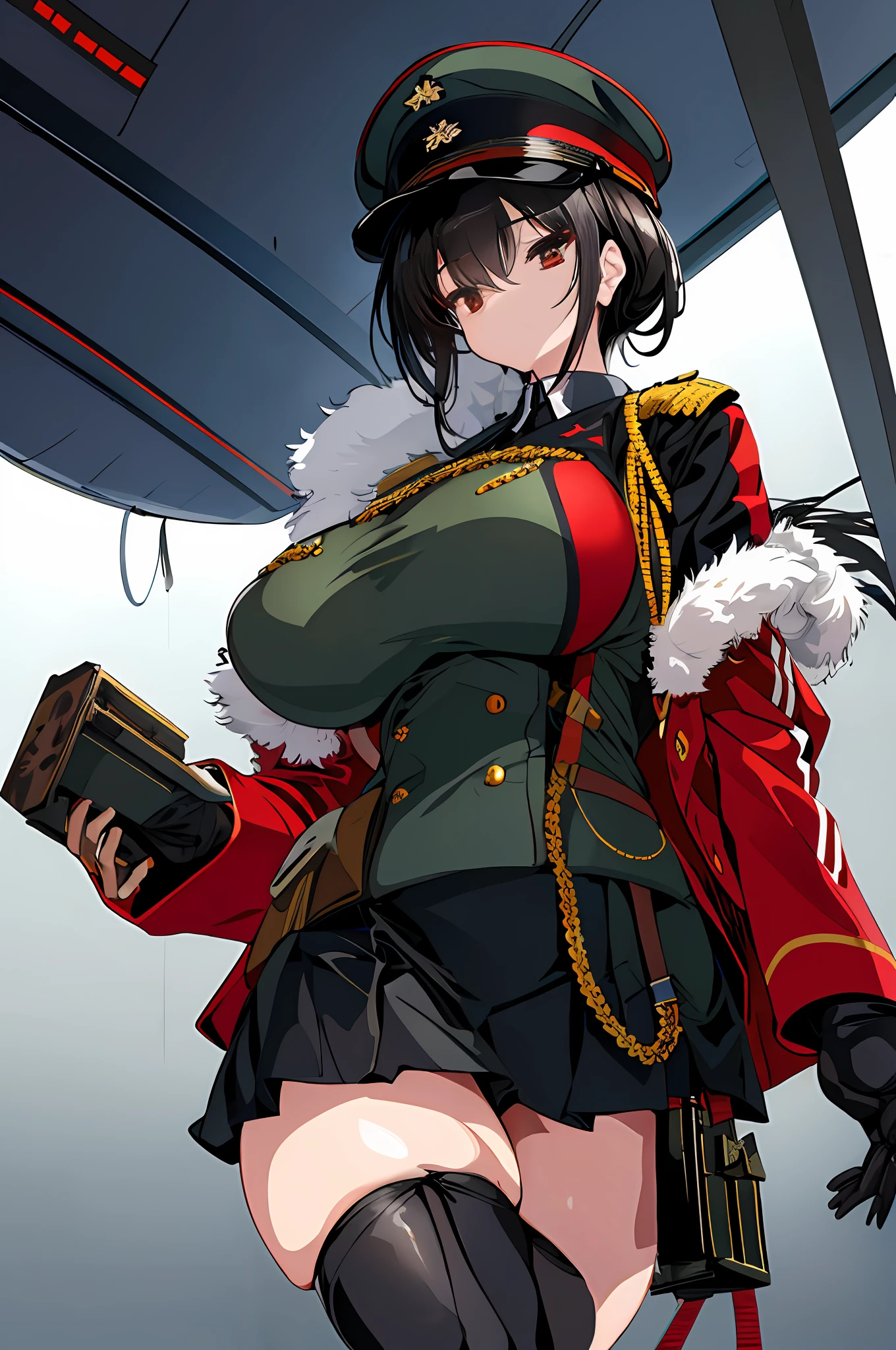 ​masterpiece, top-quality, high_resolution, fine detailed, highly detailed and beautiful, Distinct_image, 1 rapariga, 独奏, , A dark-haired, red eyes, (huge-breasted), (tits out),((German military uniform)),(Miniskirt),thighhigh,(German Hat),(blimp),