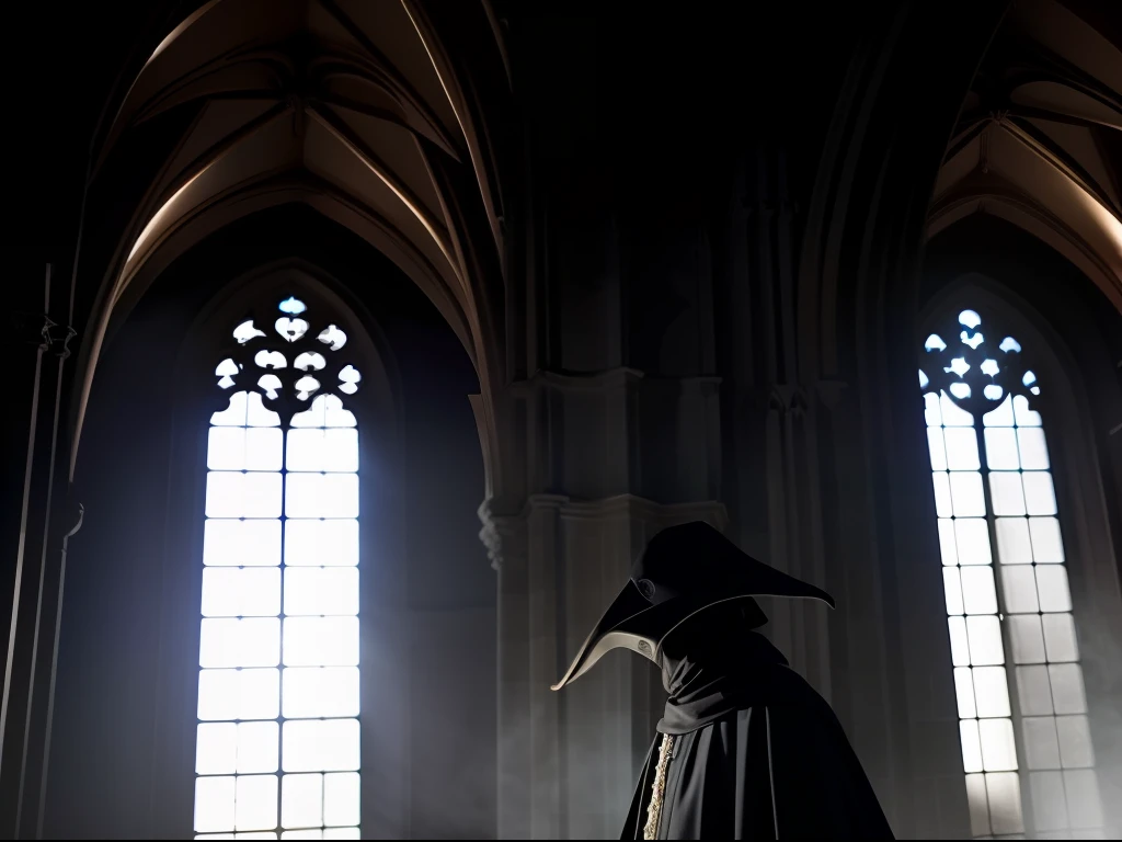 A  plague doctor in an medieval cathedral,   occult, dark theme, volumetric light, natural light, eyes hidden, dark lighting, gloomy