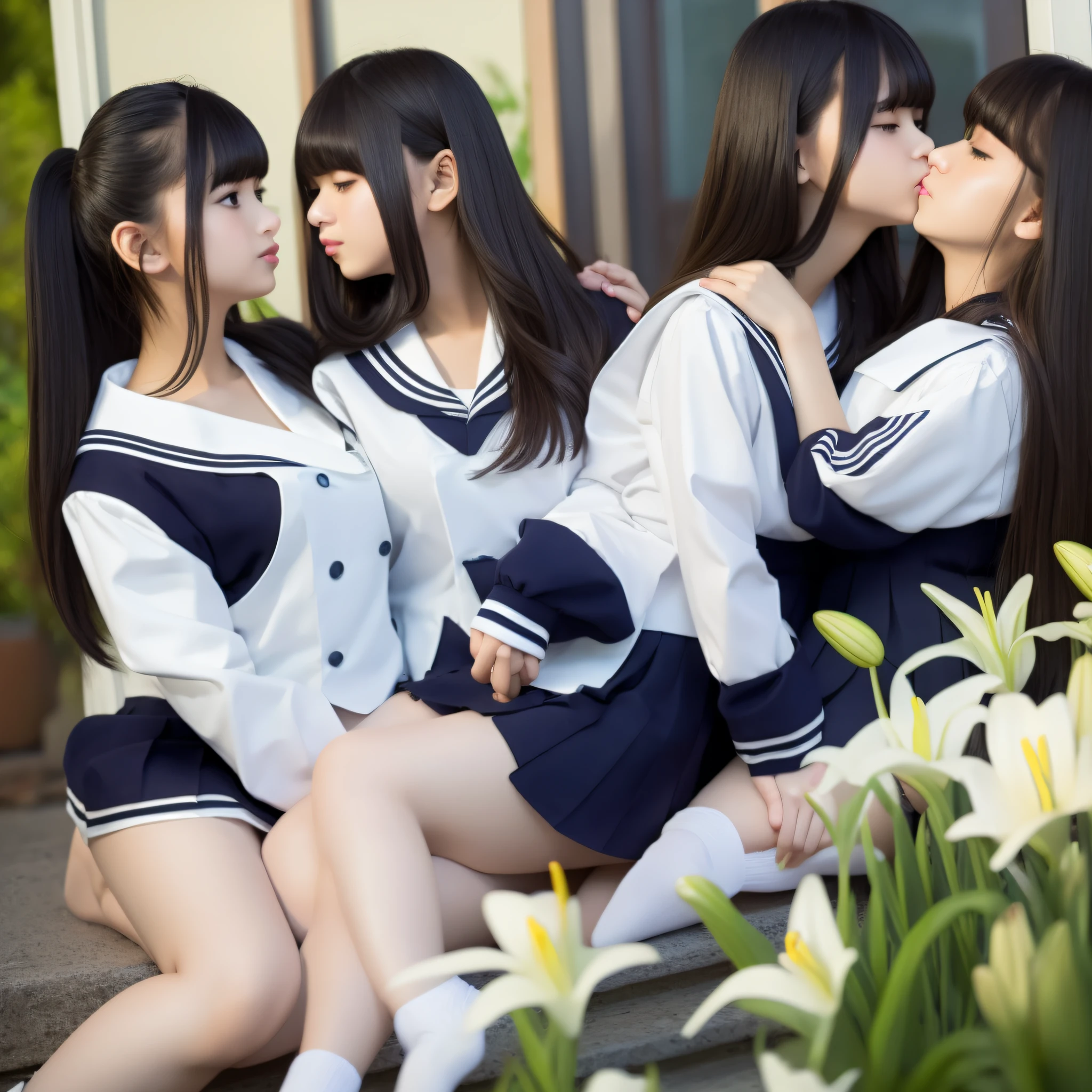 masterpiece、top-quality、full body Esbian、lesbian、bangss、2girls、lilies、Lesbian kiss、the kiss、(Dark hair)、straight haired、hug、cleavage of the breast、Plump breasts、Navy blue sailor suit、Pleated miniskirt、micromini、