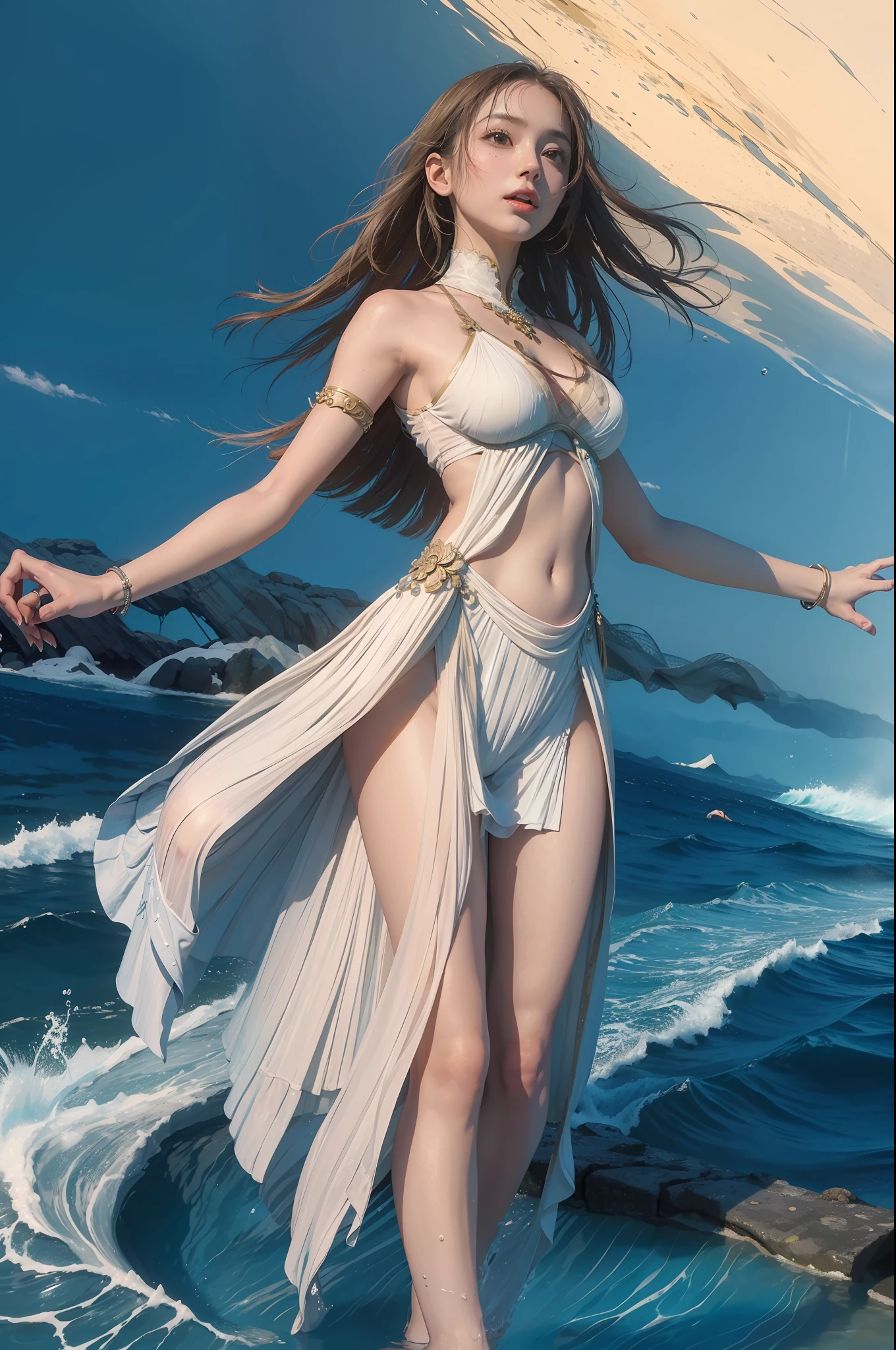 A very beautiful young woman stands in the water of a river and shouts with joy with her hands raised...... (Good Composition) (obra de arte) (Arte expresivo). (((Pechos masivos gigantes)))