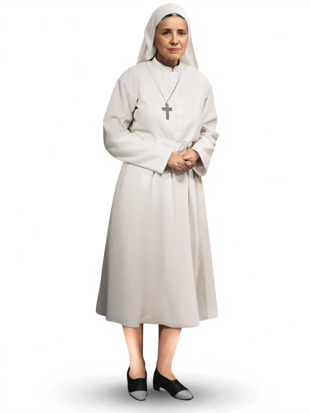 freira arafed em um manto branco e sapatos pretos, modelo de moda freira olhando para cima, freira, Billie Eilish como uma freira , Uma freira malvada, usando cruz no manto, majestosa mulher de santo, corpo inteiro com traje, vestes religiosas, Madre Teresa, mistura de estilo do Vaticano, 4K