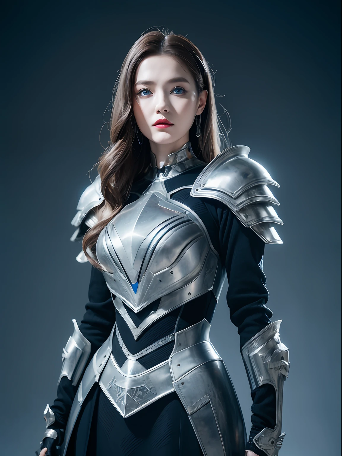 Masterpiece, Best quality, high resolution, 8K, Portrait, Realistic photo,（ Combine clothing with Korean fashion design），Digital photography, full bodyesbian, 1 16-year-old girl, (Cyborg), Beautiful blue-gray gradient long hair, Blue eyes, Intricate, elegant, Highly detailed, The crown of evil, Black dress, ,Silver metal exoskeleton armor, Intricate knightly hollow armor,power armour, Openwork design, mechanical structure, Photo pose, Solemn,, Red lips, .Metallic texture, oc rendered，Reflective texture, ((Clothing cutting)), ((Set against the backdrop of the castle and the giant Moster))