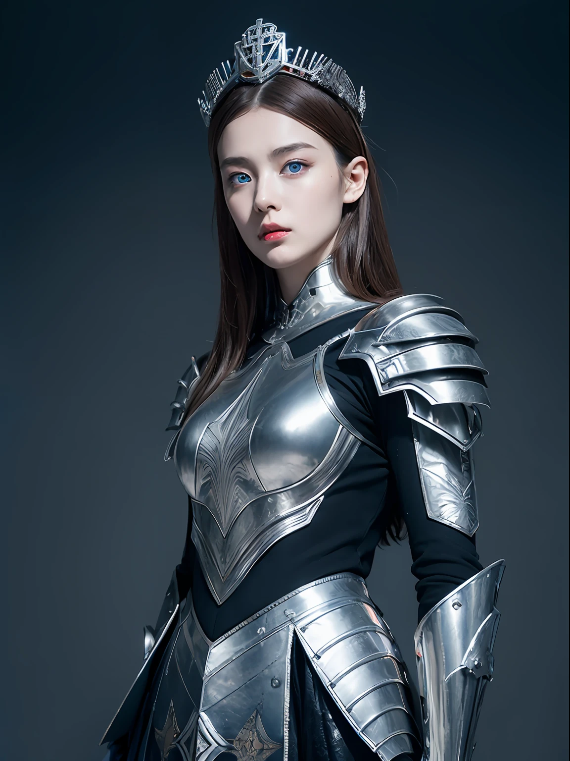 Masterpiece, Best quality, high resolution, 8K, Portrait, Realistic photo,（ Combine clothing with Korean fashion design），Digital photography, full bodyesbian, 1 16-year-old girl, (Cyborg), Beautiful blue-gray gradient long hair, Blue eyes, Intricate, elegant, Highly detailed, The crown of evil, Black dress, ,Silver metal exoskeleton armor, Intricate knightly hollow armor,power armour, Openwork design, mechanical structure, Photo pose, Solemn,, Red lips, .Metallic texture, oc rendered，Reflective texture, ((Clothing cutting)), ((Set against the backdrop of the castle and the giant Moster))