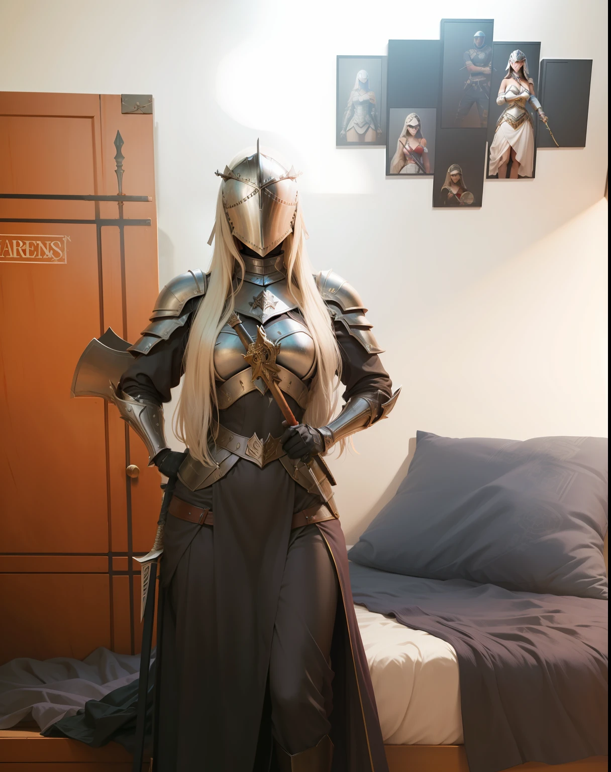 mulher loira com armadura de gladiadora sem o elmo, sword in one hand and shield in the other