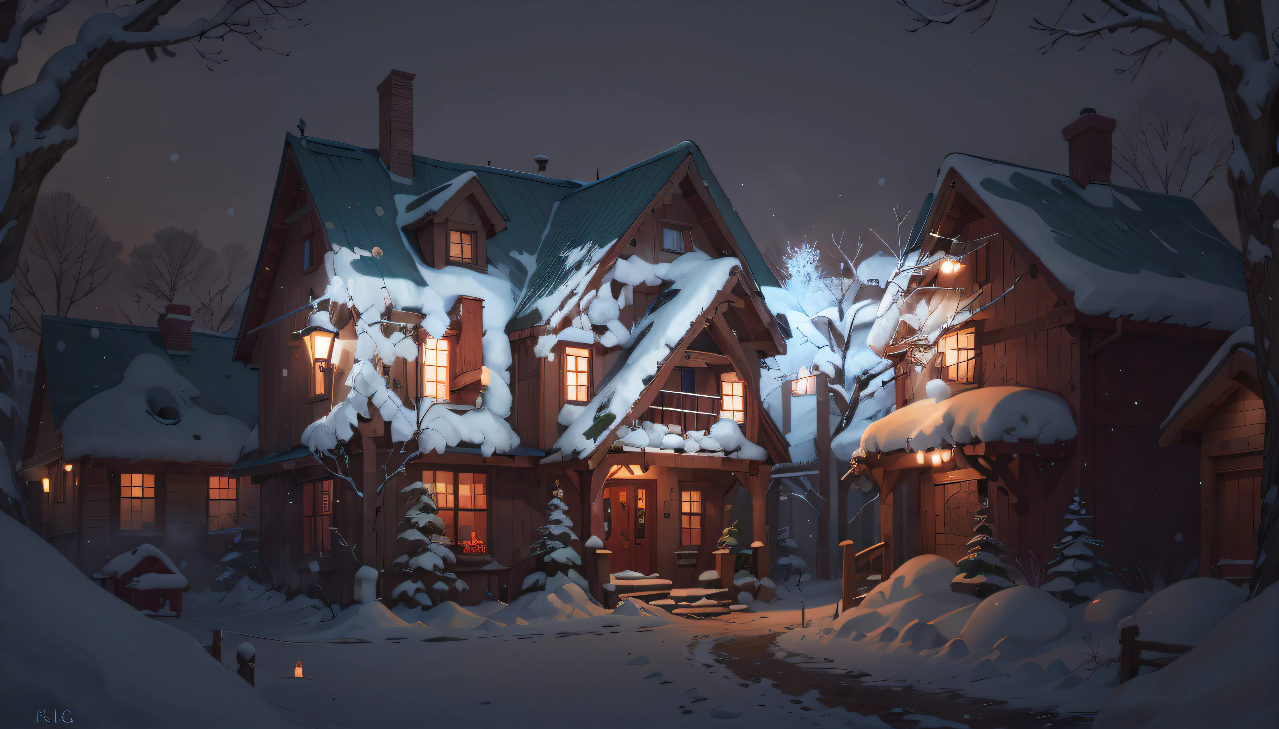 Snowy night view of a house with lights on and a path, Arte conceitual de inverno, Stylized concept art, snowy night, cozy environment, by senior environment artist, cozy home background, a multidimensional cozy tavern, highly detailed scenario, rendered in unreal 5, hyper detailed scene, artstation hq”, concept art highly detailed, polycount contest winner, hq very detailed