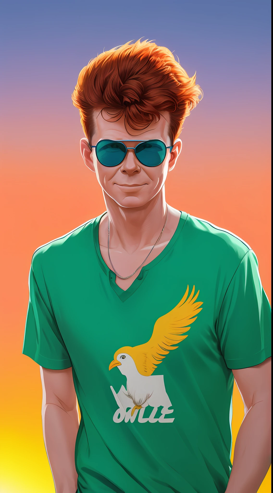 80's rick astley wearing pastel green pollo t-shirt ,mullets, sunglasses, in miami, solo, outrun syle, 80's action flick style, 1boy, digital art, photorealistic, mischeavous look, funny, closed mouth smile, redhead, sunset, close up, gta v style, synthwave style