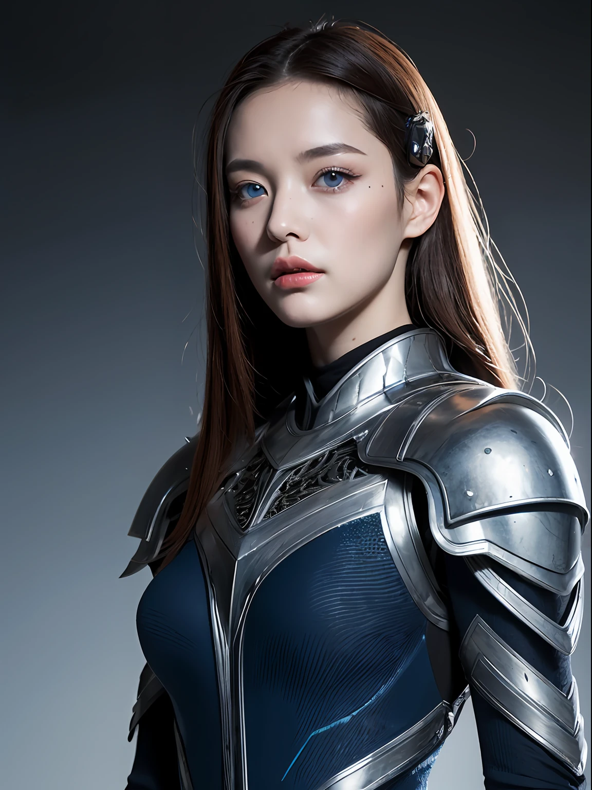 Masterpiece, Best quality, high resolution, 8K, Portrait, Realistic photo,（ Combine clothing with Korean fashion design），Digital photography, full bodyesbian, 1 16-year-old girl, (Cyborg), Beautiful blue-gray gradient long hair, Blue eyes, Intricate, elegant, Highly detailed, The crown of evil, Black dress, ,Silver metal exoskeleton armor, Intricate knightly hollow armor,power armour, Openwork design, mechanical structure, Photo pose, Solemn,, Red lips, .Metallic texture, oc rendered，Reflective texture, ((Clothing cutting)), ((Set against the backdrop of the castle and the giant Moster))