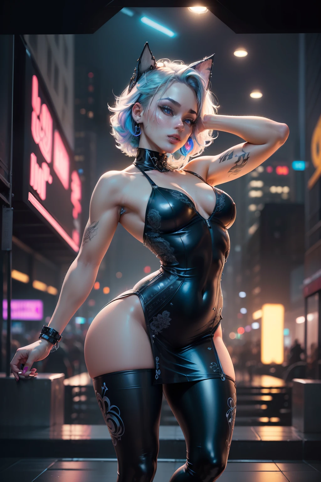 (detailed:2.4), (night club, neone, neon signs, neon, dance music billboard, ) (femboy:1.7), anatomically correct, (slime dress, tight dress:1.1), black thongs, tight pants, club dance on background, club on background, neon on background, (masterpiece, top quality, best quality, official art, beautiful and aesthetic:1.2), extreme detailed, (Action painting:1.2),(concretism:1.2) ,(hypermaximalistic:1.5), colorful, highest detailed, dynamic pose, dynamic angle, lipstick, detailed background, perfect detailed face, naughty face, detailed eyes, extremely detailed eyes, beautiful detailed eyes, highly detailed, detailed legs, photorealistic, absurdres, HDR, (film grain:1.1), Bokeh, ((Depth of field)), (raytracing:1.1), detailed shadows, dim light, (EOS R8,50mm,F1.2,8K,RAW photo:1.2), panoramic view, (intricate details), an extremely delicate and beautiful, highres, extremely detailed, science fit,updo,