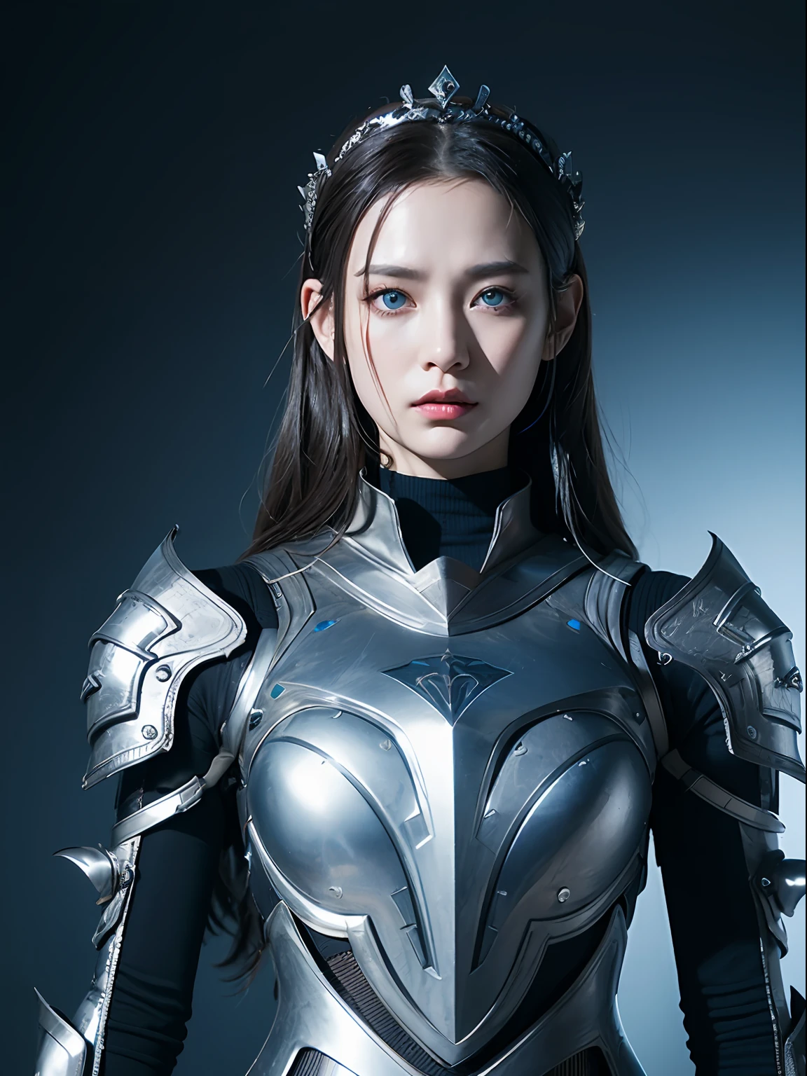 Masterpiece, Best quality, high resolution, 8K, Portrait, Realistic photo,（ Combine clothing with Korean fashion design），Digital photography, full bodyesbian, 1 16-year-old girl, (Cyborg), Beautiful blue-gray gradient long hair, Blue eyes, Intricate, elegant, Highly detailed, The crown of evil, Black dress, ,Silver metal exoskeleton armor, Intricate knightly hollow armor,power armour, Openwork design, mechanical structure, Photo pose, Solemn,, Red lips, From the movie《Final Fantasy XV》.Metallic texture, oc rendered，Reflective texture, ((Clothing cutting)), ((Set against the backdrop of the castle and the giant Moster))
