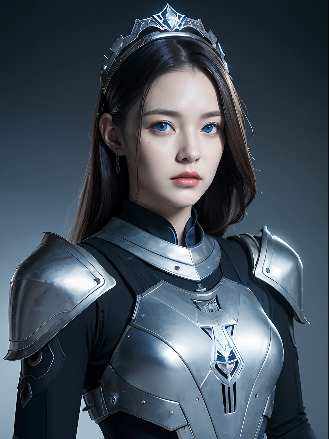 Masterpiece, Best quality, high resolution, 8K, Portrait, Realistic photo,( Combine clothing with Korean fashion design),Digital photography, full bodyesbian, 1 16-year-old girl, (Cyborg), Beautiful blue-gray gradient long hair, Blue eyes, Intricate, elegant, Highly detailed, The crown of evil, Black dress, ,Silver metal exoskeleton armor, Intricate knightly hollow armor,power armour, Openwork design, mechanical structure, Photo pose, Solemn,, Red lips, From the movie《Final Fantasy XV》.Metallic texture, oc rendered,Reflective texture, ((Clothing cutting)), ((Set against the backdrop of the castle and the giant Moster))