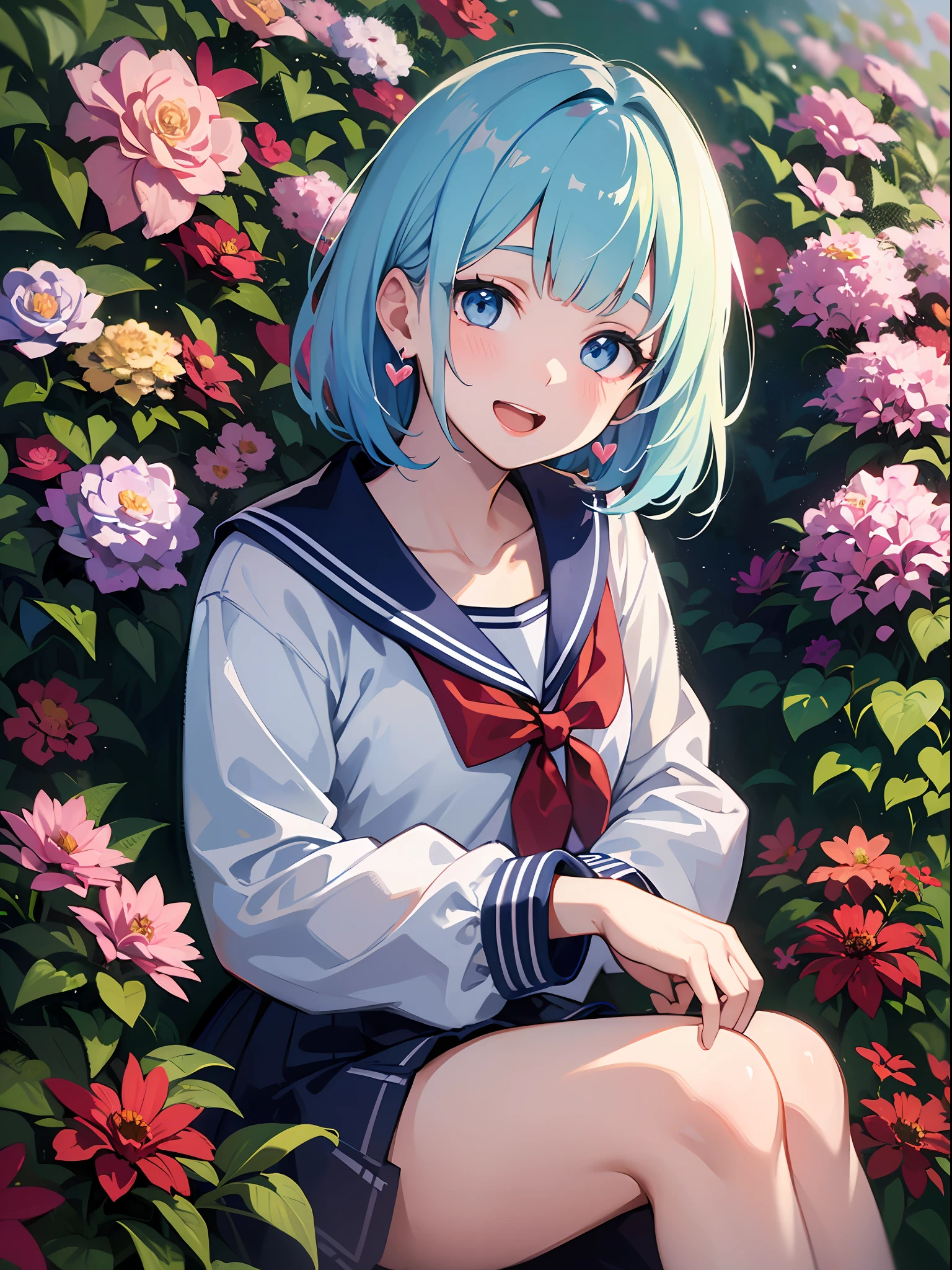 (masterpiece:1.3), (best quality:1.3), high resolution,
couboy shot,
leaning forward, body facing forward,
(one cute girl:1.3), solo,
white skin, small Breast, eight-headed person,
light blue hair, (bobbed hair:1.2), (short hair:1.1), (blunt bangs:1.2), beautiful hair, blue eyes, beautiful detailed eyes,
open mouth, heart, cheerful smile,
sailor suit, earrings,
flower garden, natural park,
shadowlighting,