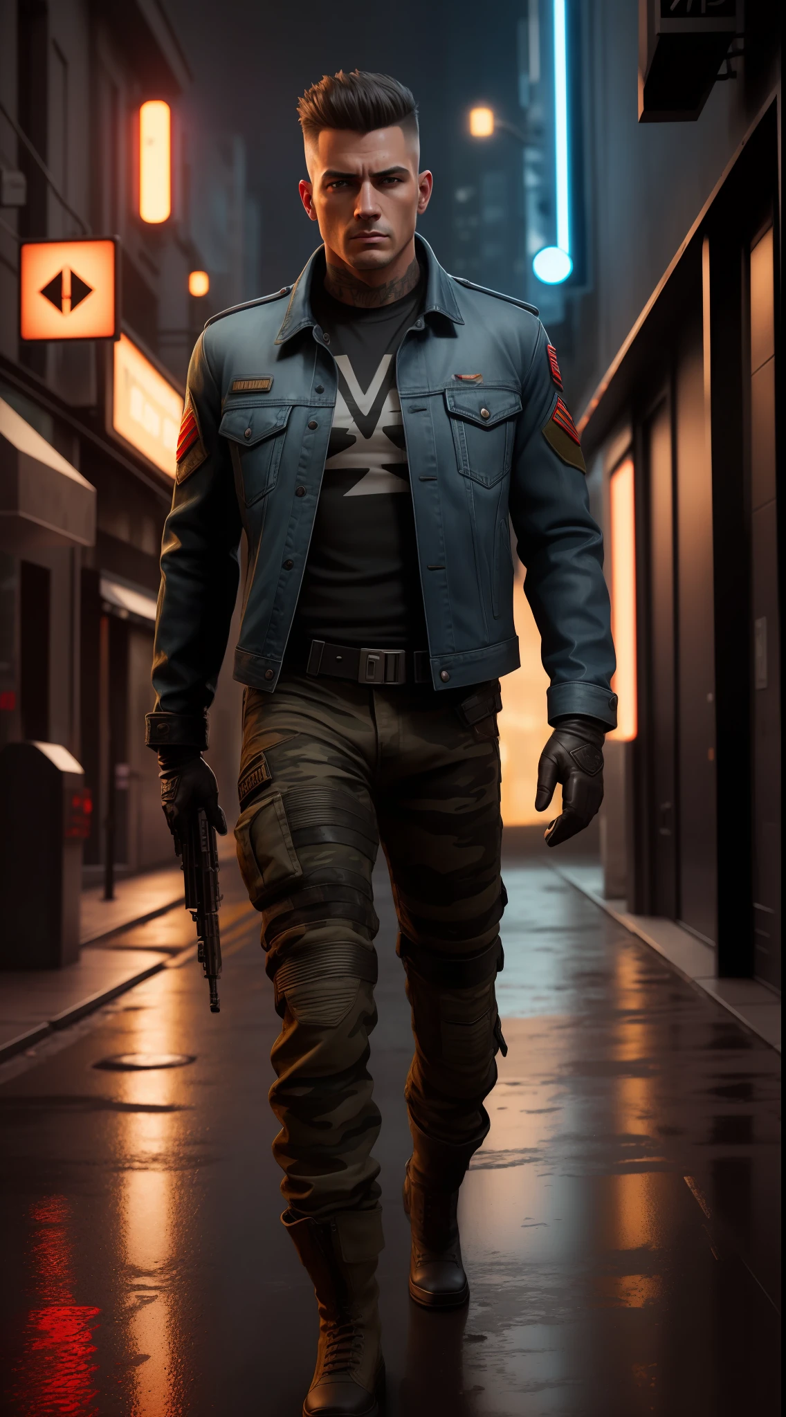 soldier, hyperrealism art, camouflage denim jacket, punk, pants, urban, realistic, stylish, leather gloves, hyperrealistic, full length, photography, dynamic lights, HDR, intricate detail, hyperdetailed, cinematic, rim light , atmosphere danger, ????, night, red light, dark street, rain unreal engine 5, 8k