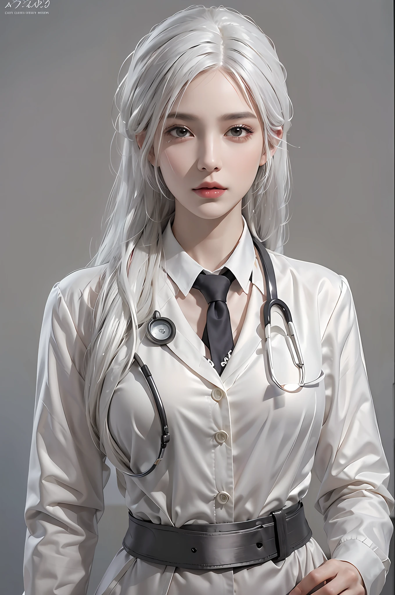 photorealistic, high resolution, 1 women, solo, hips up, look at viewer, (detailed face), white hair, Long Hair, doctor outfit, name tag, blouse