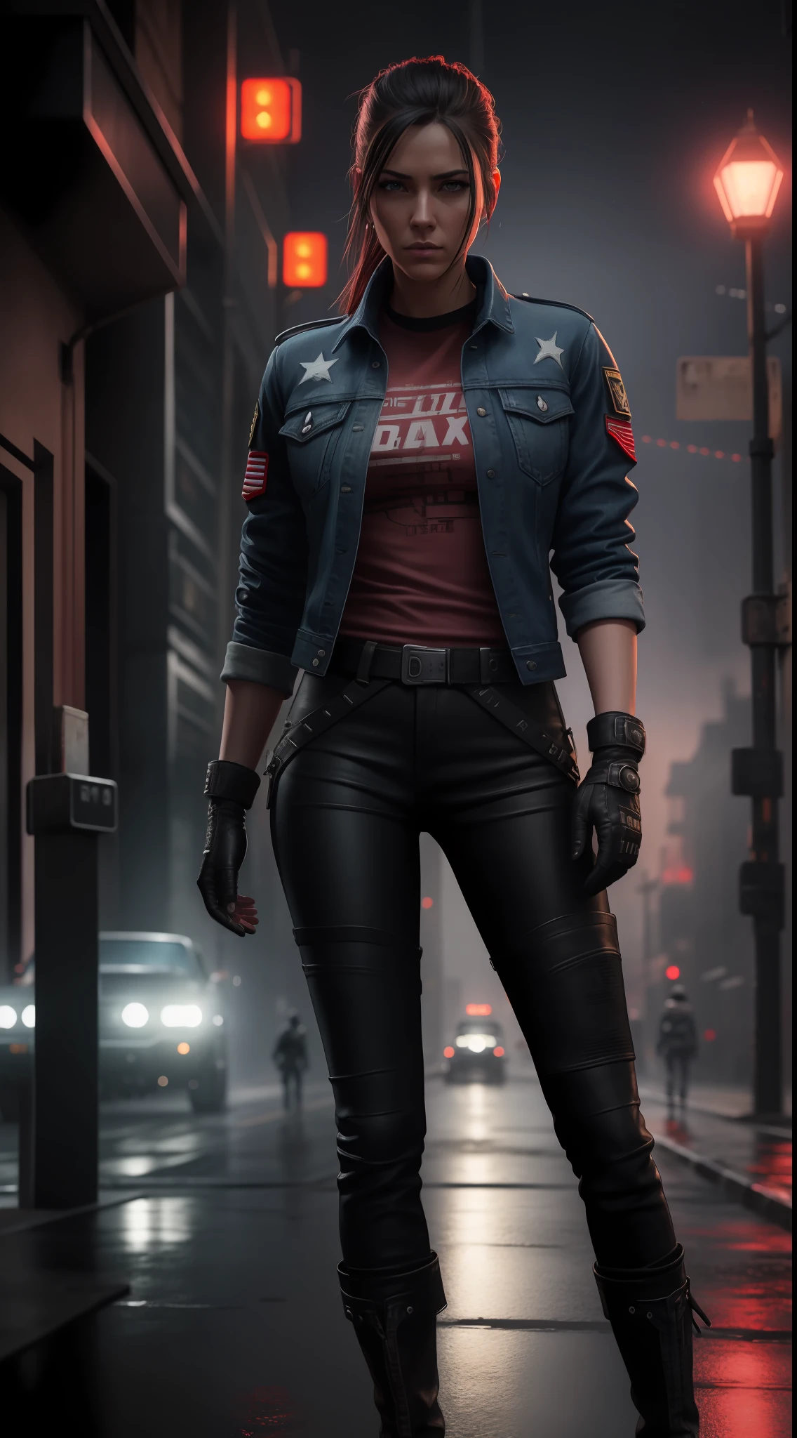 woman soldier, hyperrealism art, denim jacket, punk, black pants, urban, realistic, stylish, leather gloves, hyperrealistic, full body, photography, dynamic lights, HDR, intricate detail, hyperdetailed, cinematic, rim light , atmosphere danger, noir, night, red light, dark street, rain unreal engine 5, 8k