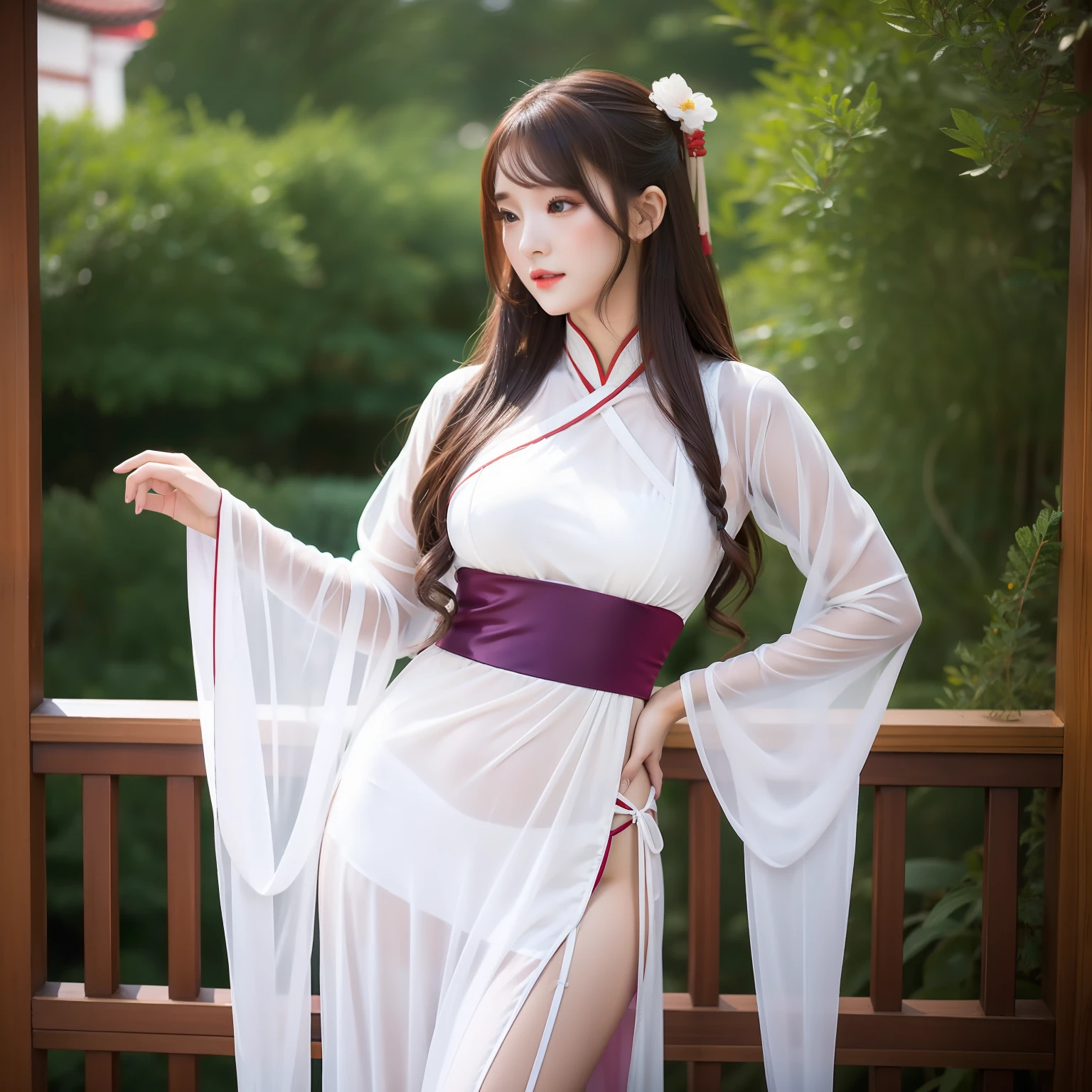 A beautiful,Wear sexy Hanfu to see through the curves of the body,(brunette color hair,gorgeous figure)