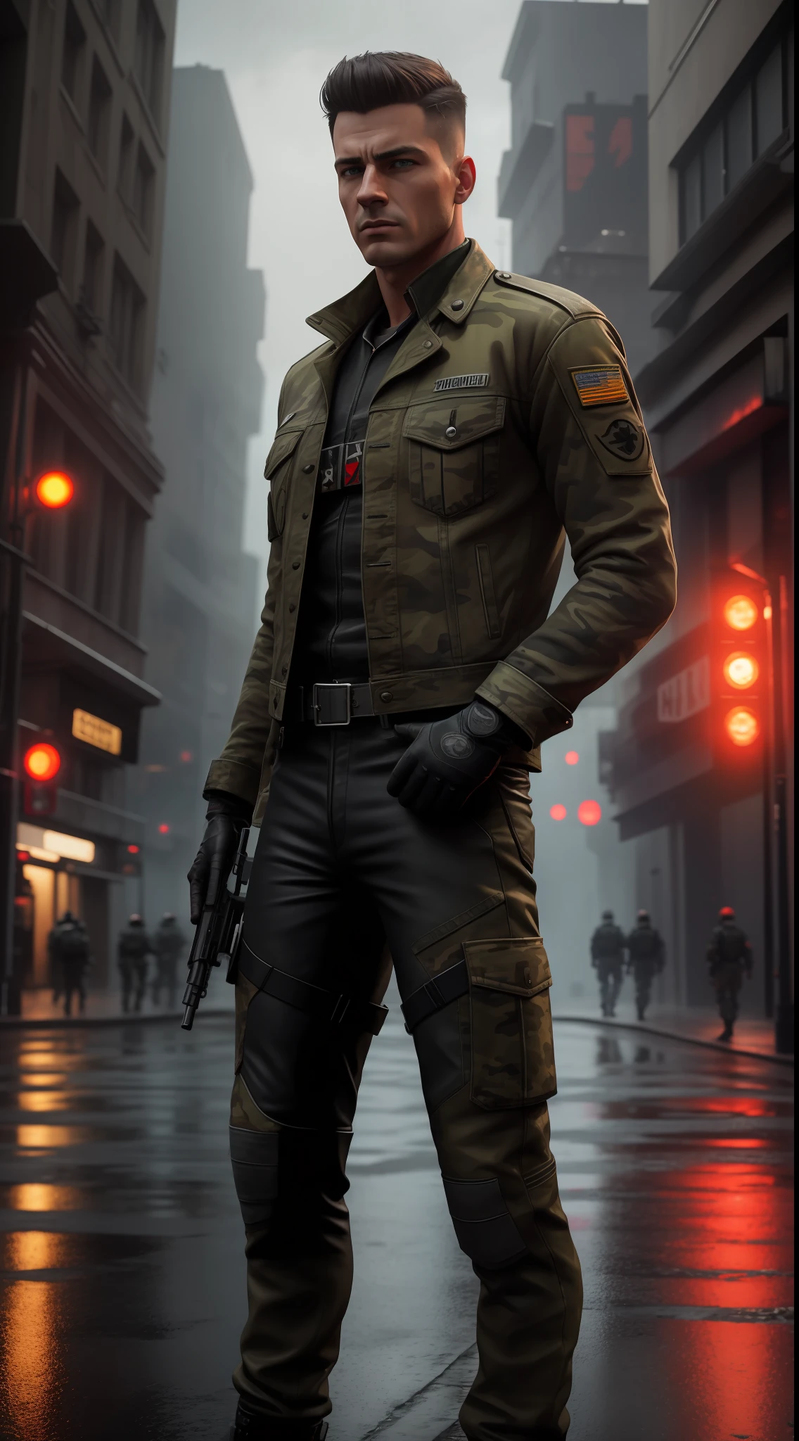 soldier, hyperrealism art, denim jacket, camouflage pants, urban, realistic, stylish, leather gloves, hyperrealistic, full body, photography, dynamic lights, HDR, intricate detail, hyperdetailed, cinematic, rim light, atmosphere danger, noir, night, red light, dark street, rain unreal engine 5, 8k