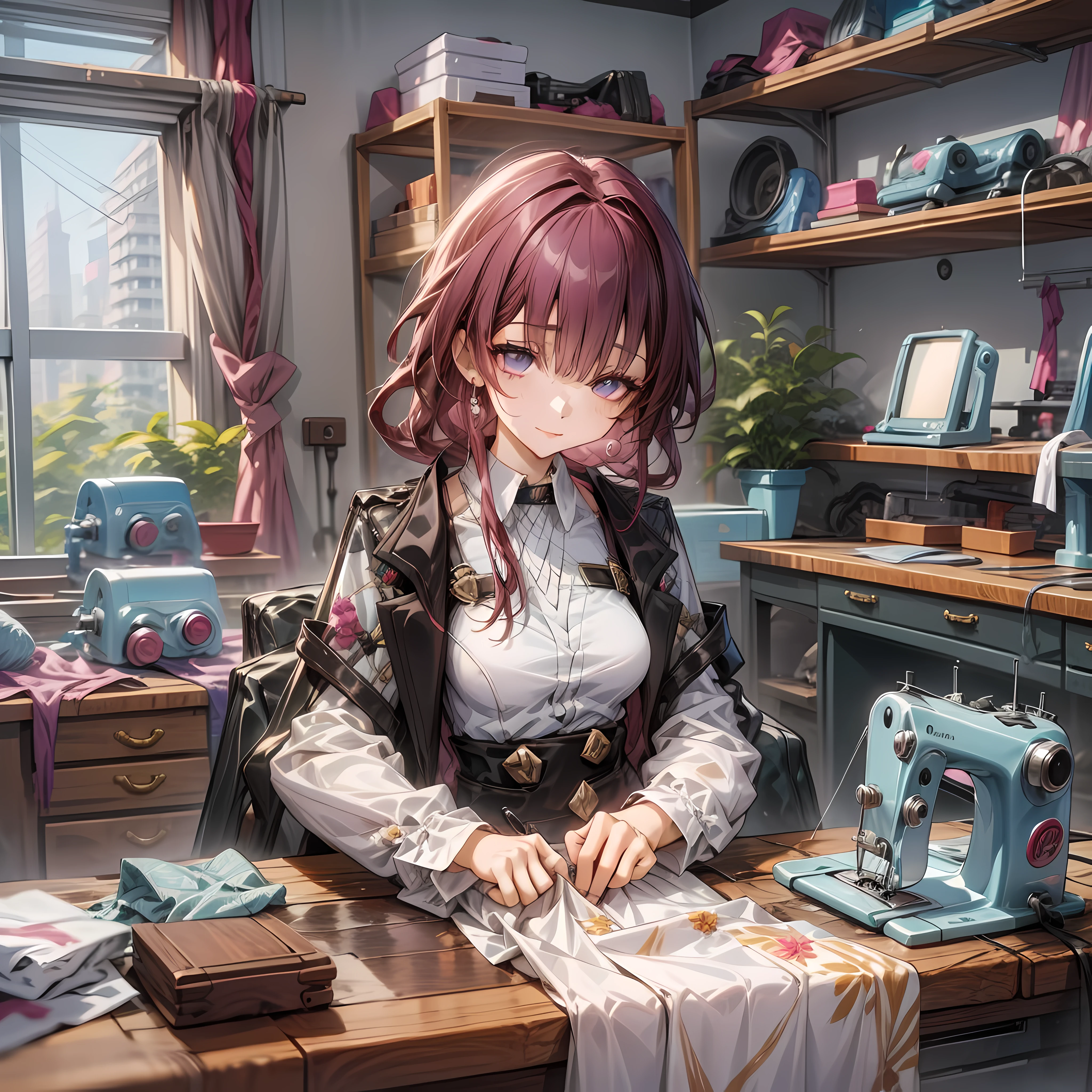 1 girl, Messy,Background,  Cute,  In a room,Niji style ,flower, Bibo Zi Eye,sewing machine,The clothes ar,croped,wardrobe,Tailor,clothing design