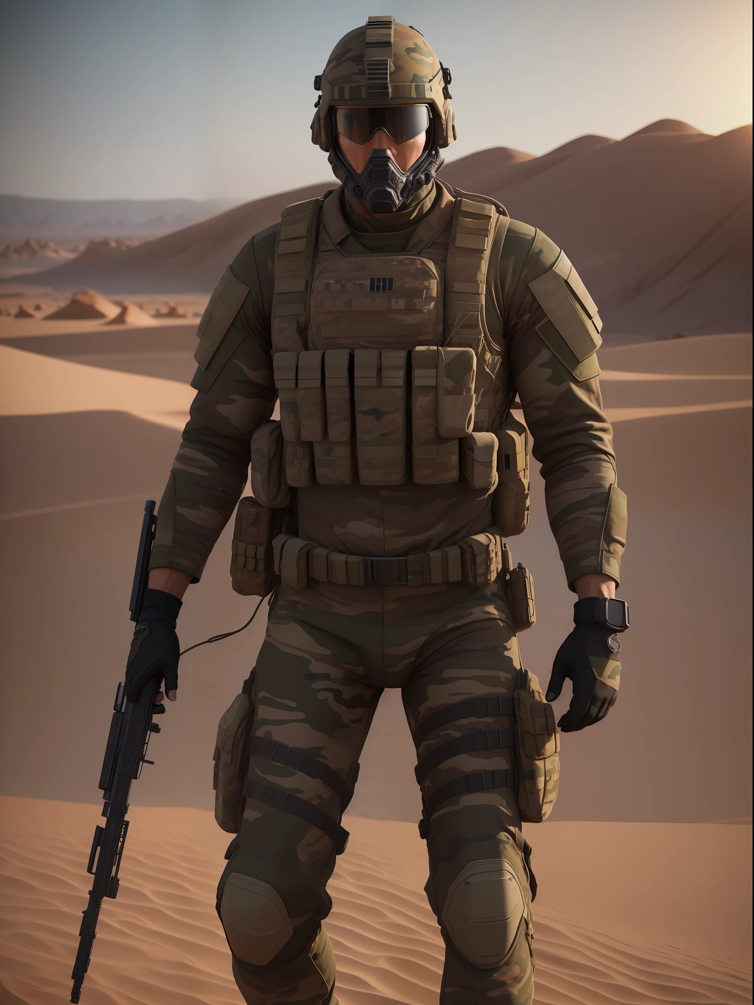 soldier, hyperrealism art, combat suit, camouflage pants, desert scenery, realistic, stylish, hyperrealistic, full length, photography, dynamic lights, HDR, intricate detail, hyperdetailed, cinematic, rim light, danger atmosphere , unreal engine 5, 8k