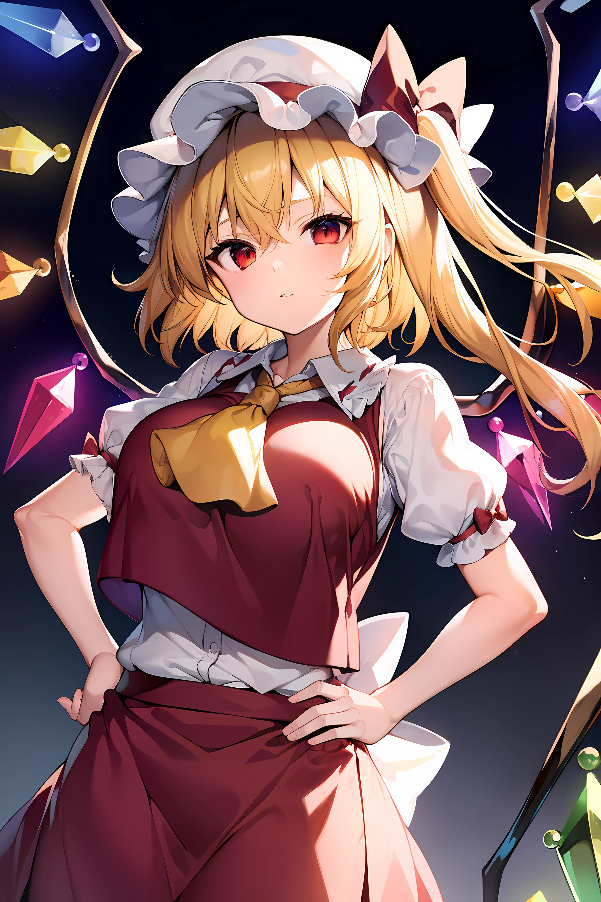 (masterpiece),best quality, expressive eyes, perfect face, 1girl,
big breast, H-cup, good breast, beautiful, gorgeous,anime,girl,lora, floating clothes, tent chest ,
hands on waist, hands on hips, visible though clothes,flandre scarlet,
1girl,blonde hair,mob cap,hair bow,bowtie,side ponytail,wings,short sleeves,vest,ascot,1wings,1 pair of wings