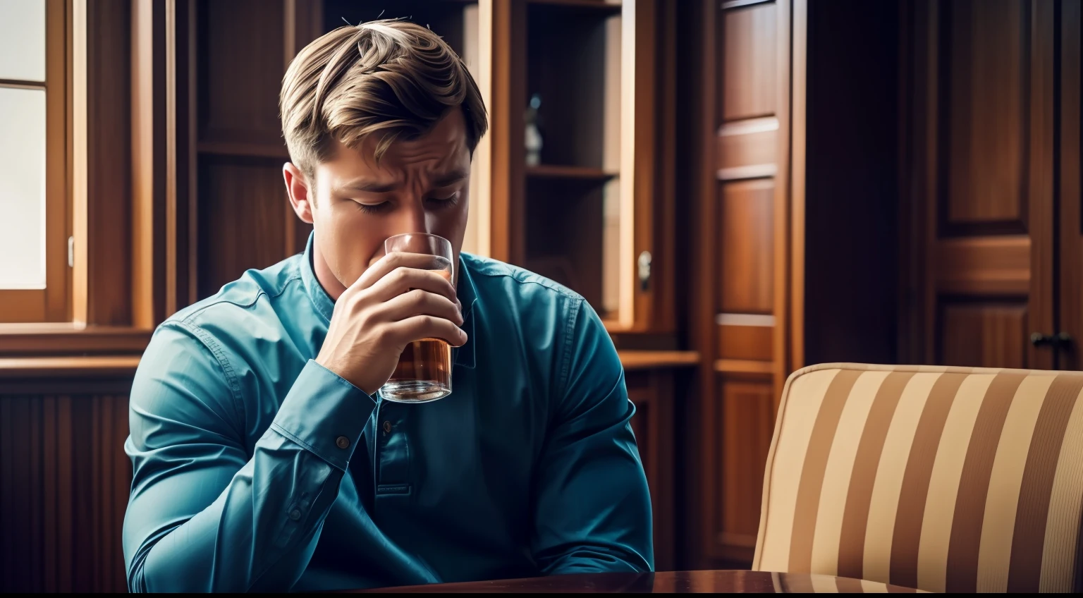 man, sad, drinking whyski, sitting, in a big house