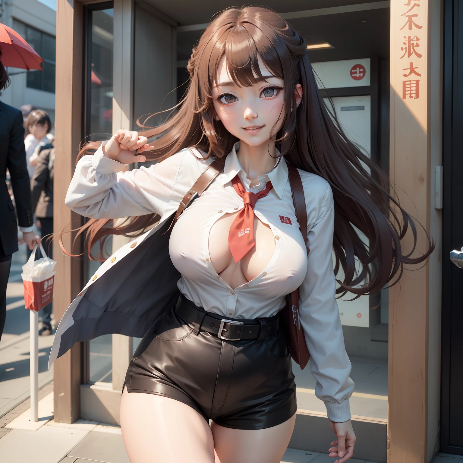 1 person woman、high-level image quality、8K、masterpiece、Makise Korisu(Steinsgate)Full body like、being thin。Height 165cm、very long red-brown hairstyle、cuticle、Fishing eyes、Cobalt blue eyes、Round eyes、tthin eyebrows、Raised eyebrows、Tsundere、irate、bashfulness、Fluffy smile、White Y-shirt、Red tie、Wear a lab coat over a Y-shirt、Dabo dowel lab coat、Fluttering a lab coat、small tits、Small udder、Ungrown udder、Phetcha Pai、Nipples lift up、Black shorts、White belt、Gold Buckle Belt、full of sweat、Ecstatic smile、Wearing black stockings、Her legs are wrapped in black stockings.、I can't see my skin、The legs are black stockings、akihabara、outside of house、Pedestrian mall、Brown boots、cute little、age19、walk、time machine