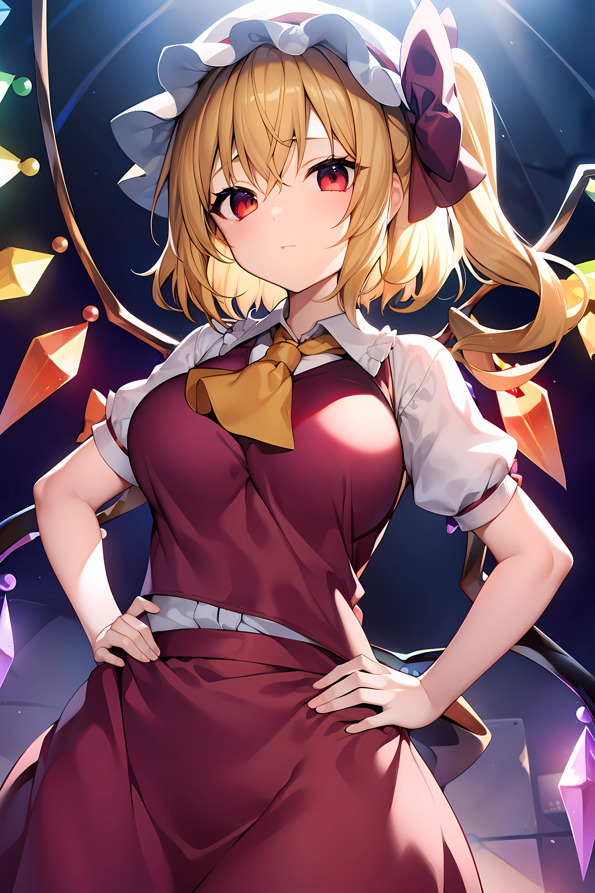 (masterpiece),best quality, expressive eyes, perfect face, 1girl,
big breast, H-cup, good breast, beautiful, gorgeous,anime,girl,lora, floating clothes, tent chest ,
hands on waist, hands on hips, visible  though clothes,flandre scarlet,
1girl,blonde hair,mob cap,hair bow,bowtie,side ponytail,wings,short sleeves,vest,ascot,1wings,1 pair of wings