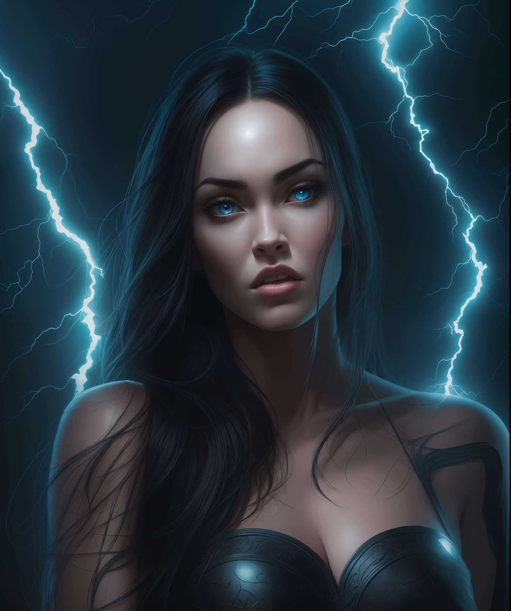 (1woman: full height), 独奏, Megan Fox, Mistress of the thunderstorm, haughty majestic pose, blue lightning bursts out of the hands, super detailed face, Dark World, Gothic art, anatomically correct, realism, hyperrealism masterpiece, super details, high detail, Color Field painting, drop shadow, glowing light, anatomical correctness of the hands, ray tracing, Sony FE GM, UHD, 16k, best quality, higher, super detail, anatomically correct, hyper realistic clothing textures, hyper realistic fabric textures, textured skin, photorealism, ccurate, masterpiece, high details, high quality, best quality, highres