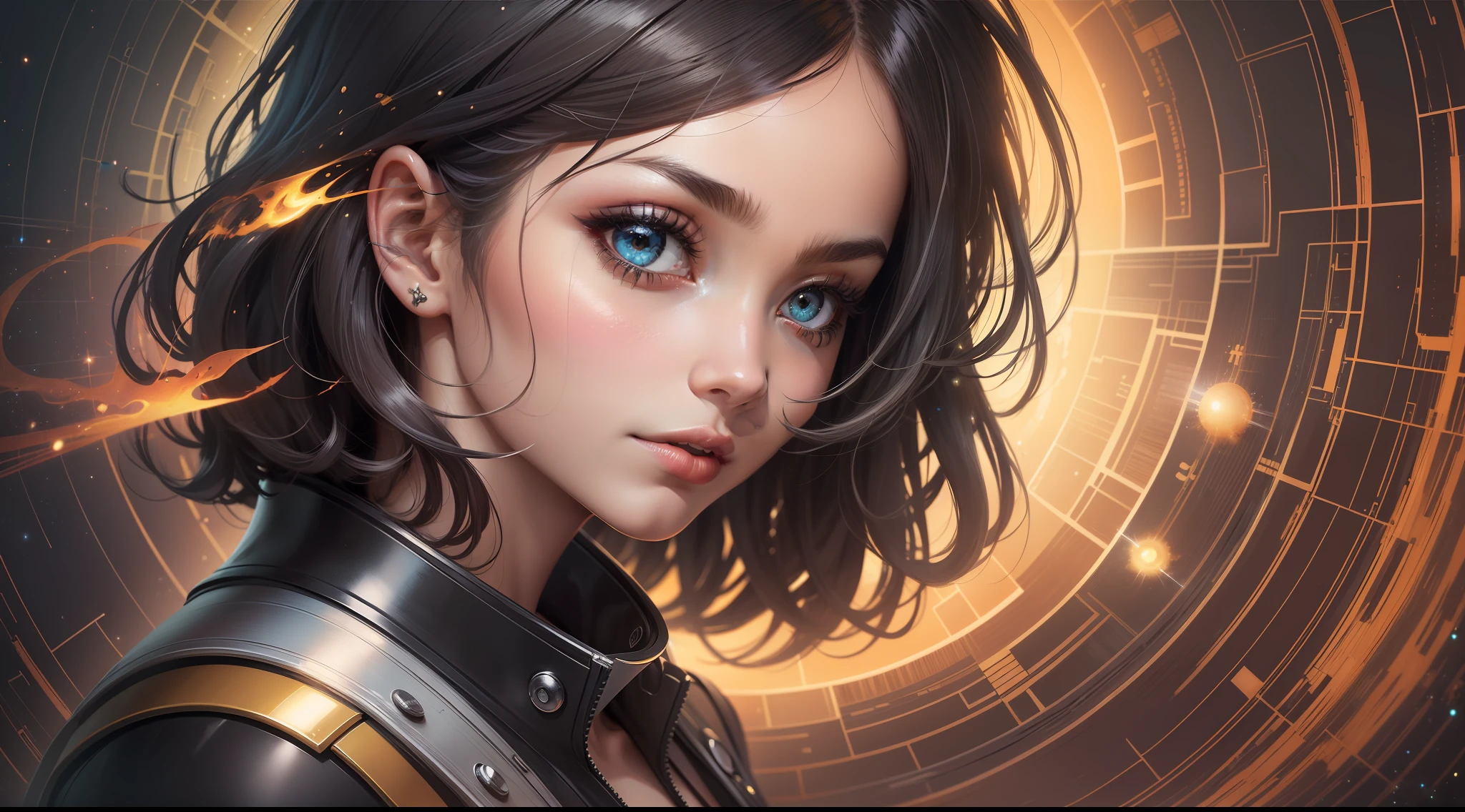 ,cabelo curto , cabelo preto, maquiagem nos olhos , brilho radioativo, arte abstrata, foco no personagem, olhos com reflexo , ceu estrelado , galaxias
