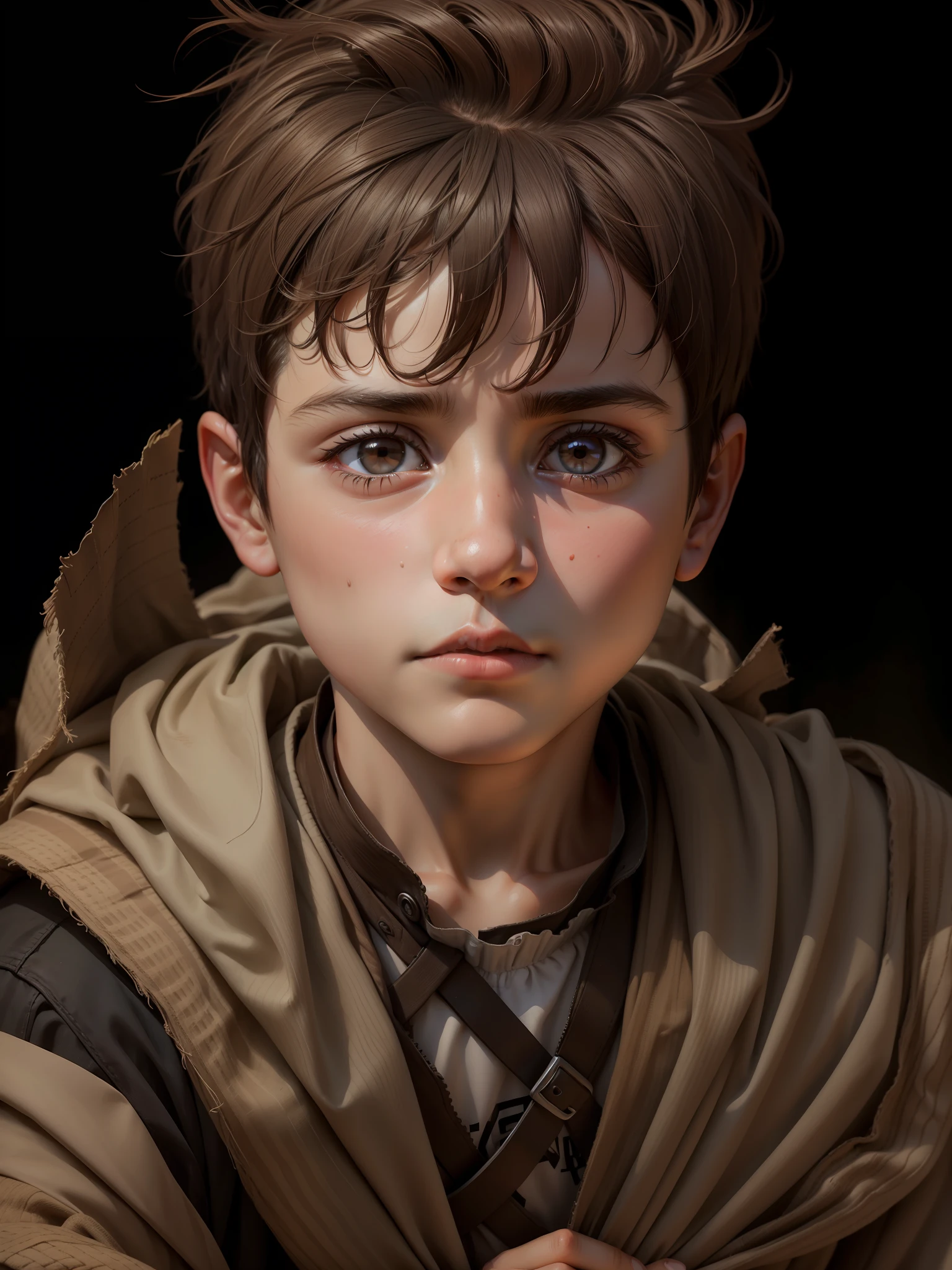 5 year old boy - dark brown hair - sad face - old clothes - in Turkey in AD 55