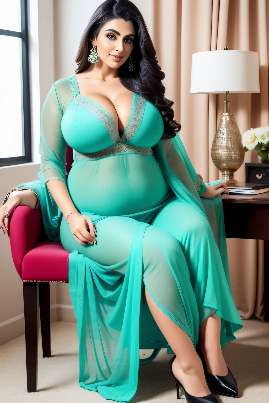 a tall very busty beautiful voluptuous body women age 30 wearing tight sexy kurta shalwar (no bra) sitting on the CEO chair,in office,magnificent office details,perfect face,perfect eyes,HD details,high details,sharp focus,studio photo,HD makeup,shimmery makeup,celebrity makeup,((full body view)) heavy jewelry,((gigantic breast)) ((large breast))((huge round breast))(( centered image)) (HD render)Studio portrait,magic, magical, fantasy,pov,((perfect flat belly)) (centered image)(soft lighting)(extreme hourglass upper body)((cleavage push open bra))(centered image)(sitting on the office chair)(pay attention to create perfect image women sitting on the CEO office chair)