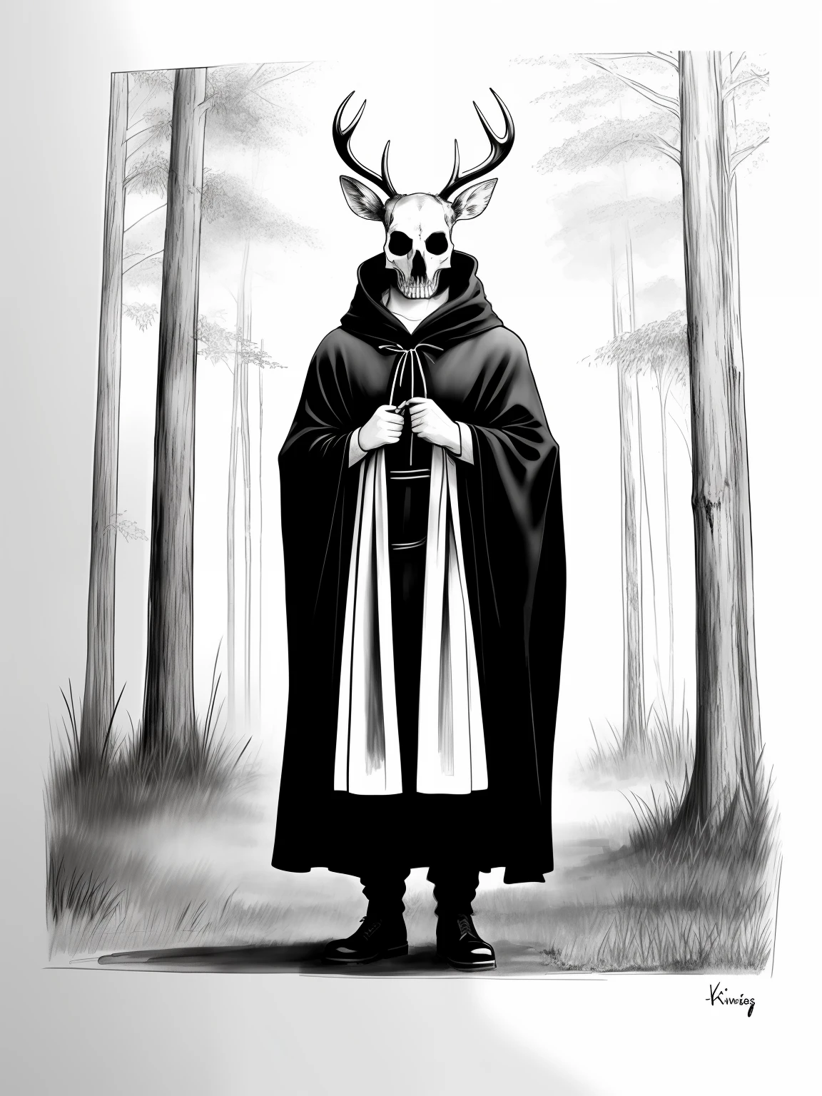A monochrome ink sketch drawing of Kinginyellow wearing a cloak and a mask, chifres, coroa. (floresta escura), Tall trees, escala de cinza, ((horror)), ((obra-prima)), assustador, (figura sombria), biped, (realista), (monstro), divindade, (chifres), (deer skull)
