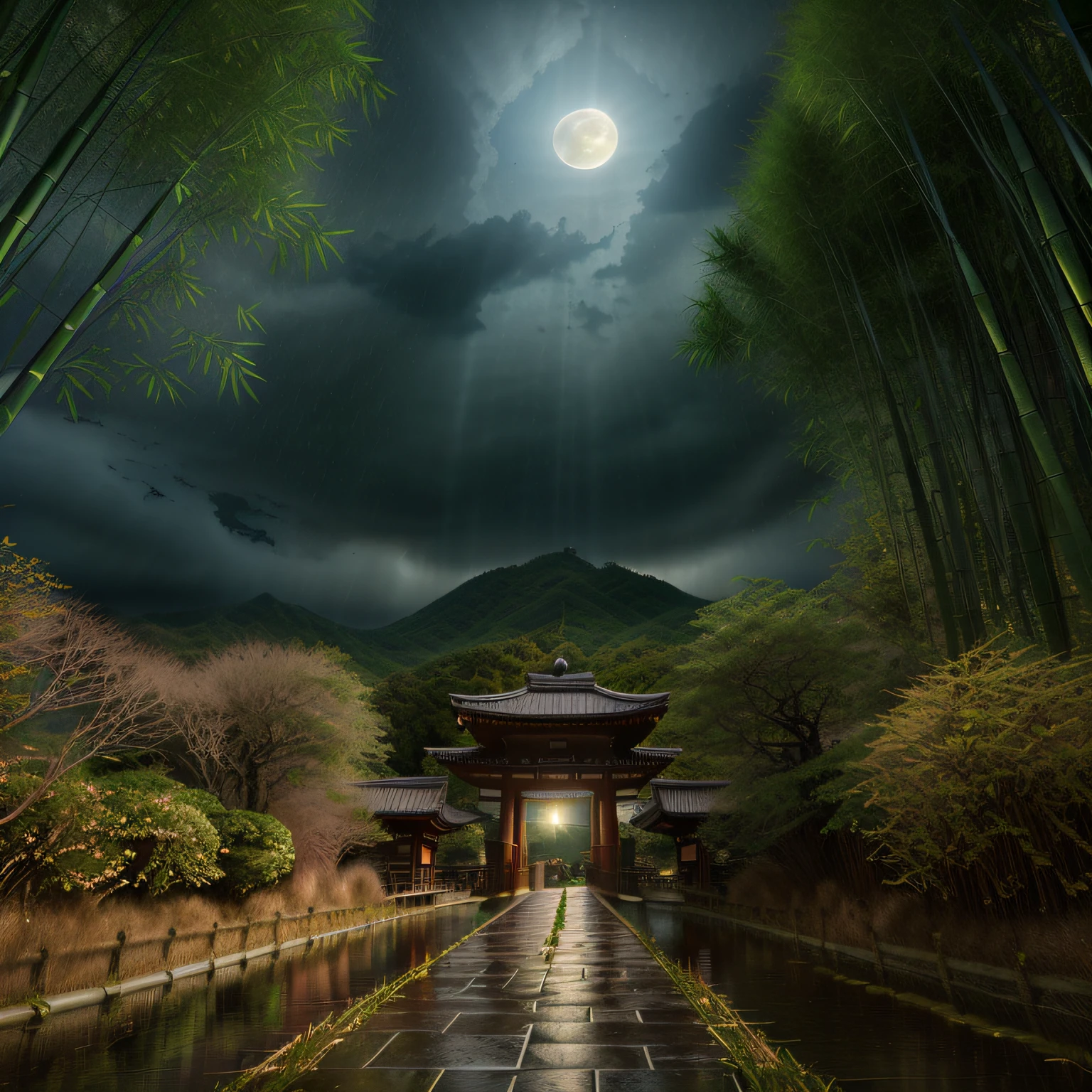 ((masterpiece, photorealistic:1.4), Realism style, photography, (moonlight shining down:1.2), night, all in (eerie black:1.3), shrouded in an aura of mystery and darkness, large aperture, mid-range photography, super high quality, Japanese toori, Japanese style, Kyoto bamboo forest, (lush green bamboo:1.2), (rainy night:1.2), upward perspective, extreme detail, extreme quality, 8k, dream color, dream light and shadow, (Japanese toori gate), ((best quality)), ((masterpiece)), ((realistic)), (toori:1.2), Japanese toori gate on the distance, a hint of (ominous crimson:1.1) on the horizon, Cinematic, Hyper-detailed, insane details, beautifully color graded, Super-Resolution, Megapixel, Cinematic Lightning, Post Processing, Post Production, Tone Mapping Insanely detailed and intricate, Hyper maximalist, Volumetric, Photorealistic, ultra photoreal, ultra-detailed, intricate details, 8K, Super detailed, Full color, Volumetric lightning, HDR, Sharp focus Camera Model: Canon EOS R6 Lens: Canon RF 24-105mm f/4L IS USM